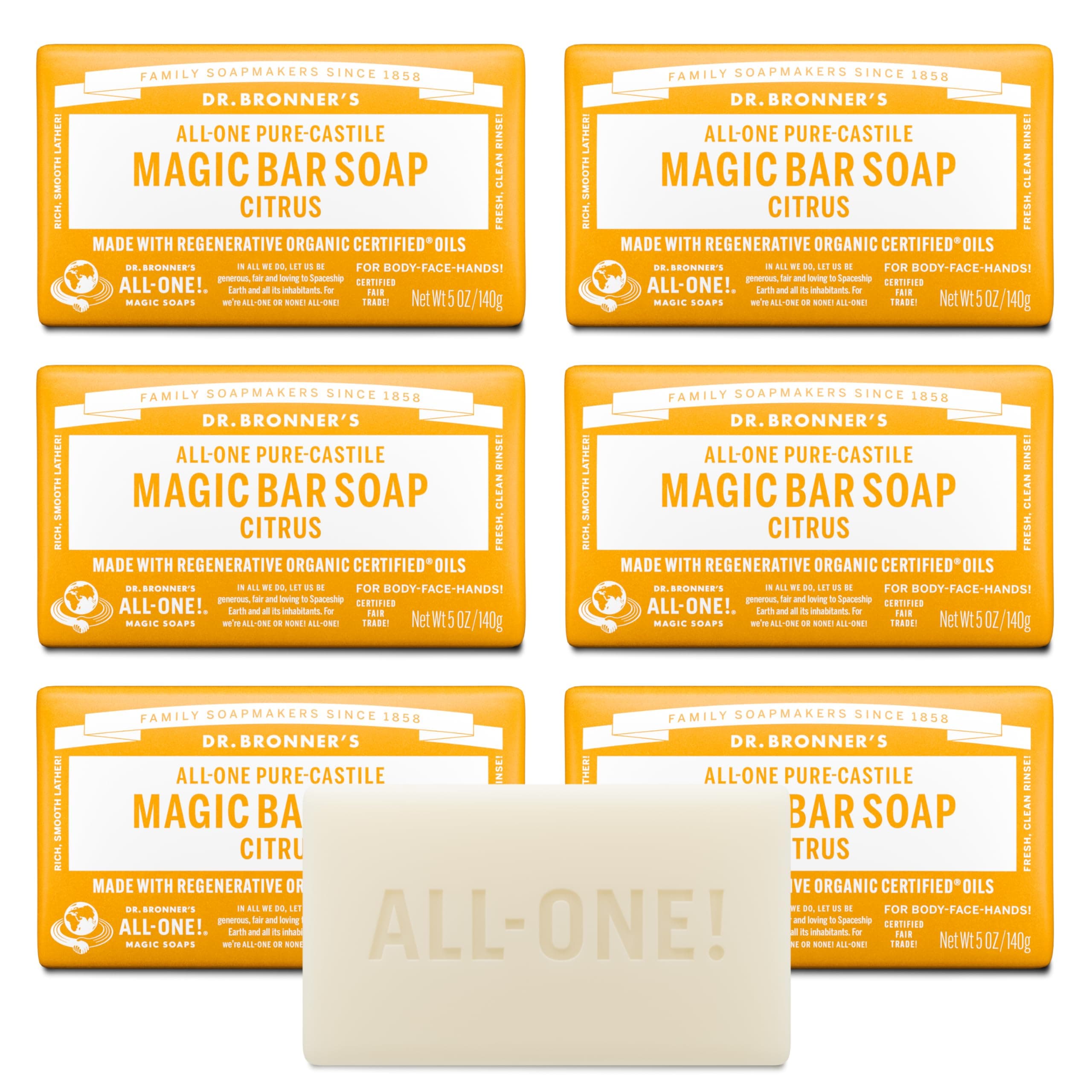 Dr. Bronner's Pure-Castile Magic Soap Bar (Citrus, 5 oz, 6-Pack)- Bath Soap with Regenerative Organic Certified Oils - For Face, Body & Hair - Gentle, Vegan - Bars for Men & Women