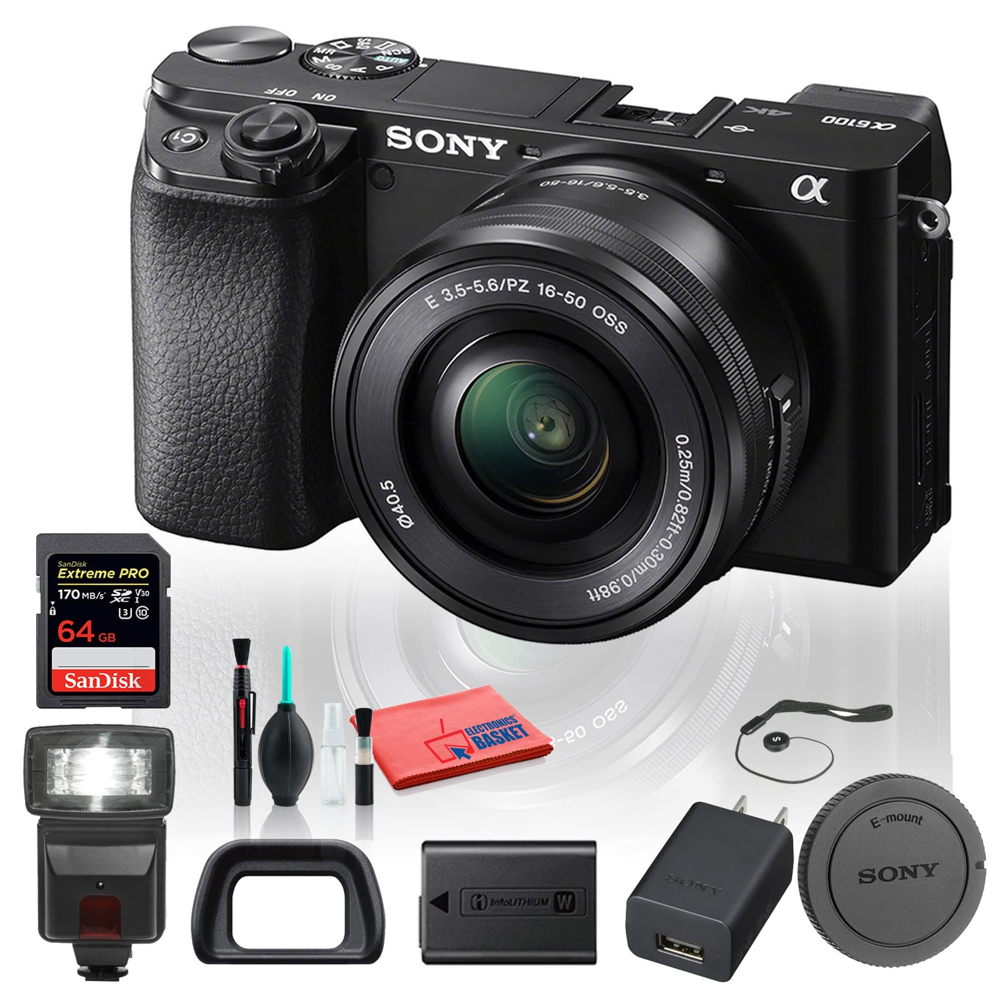 - Sony Alpha a6100 Mirrorless Digital Camera (ILCE6100L/B) with 16-50mm Lenses with Flash, 64GB Memory Card, Cleaning Set and More (Renewed)