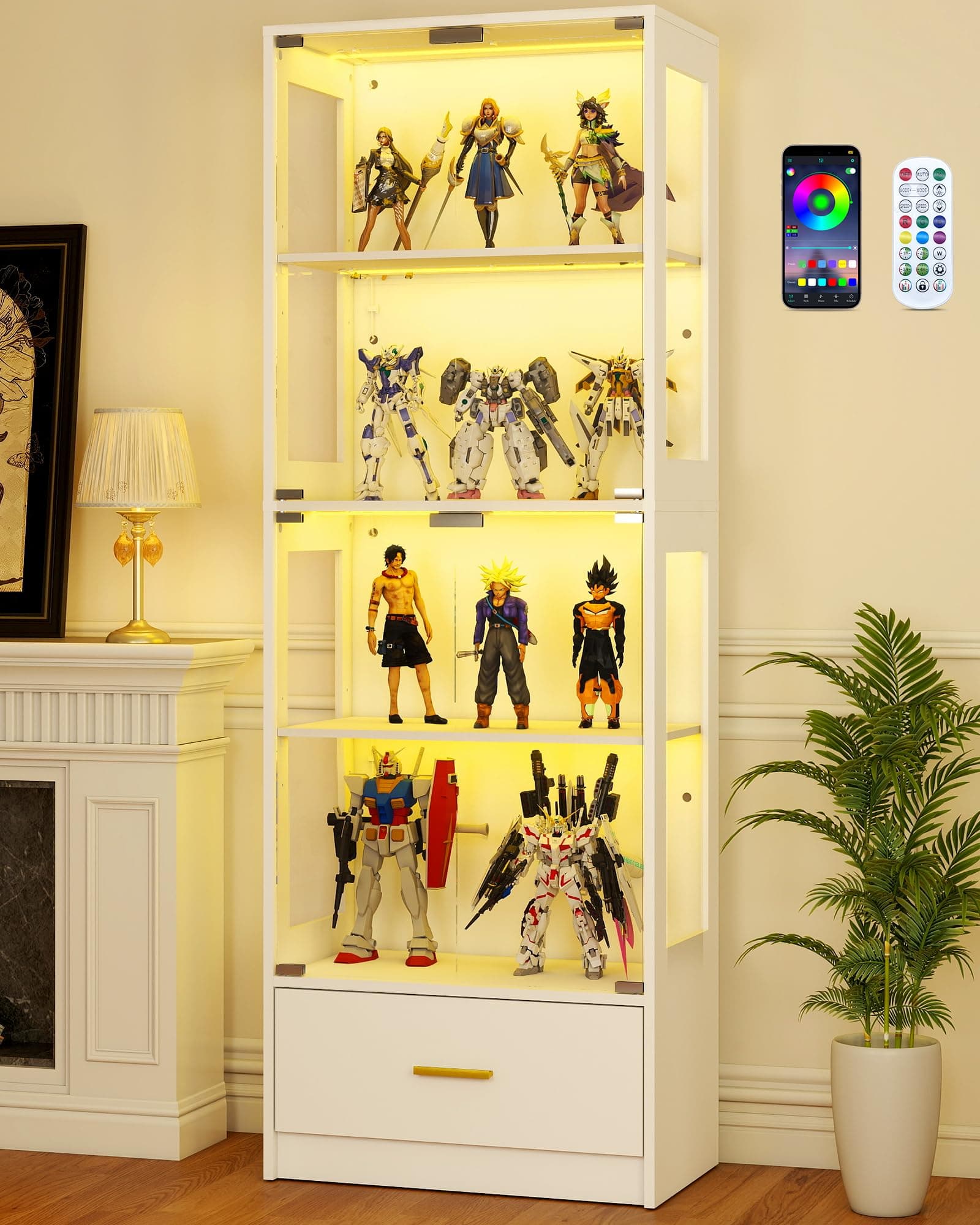 Glass Display Cabinet with Doors - Curio Cabinet with Dynamic LED Lights for Collectibles, 67" Display Case with 4 Tier and Drawer for Figure, Toys, Books, White(Narrow)