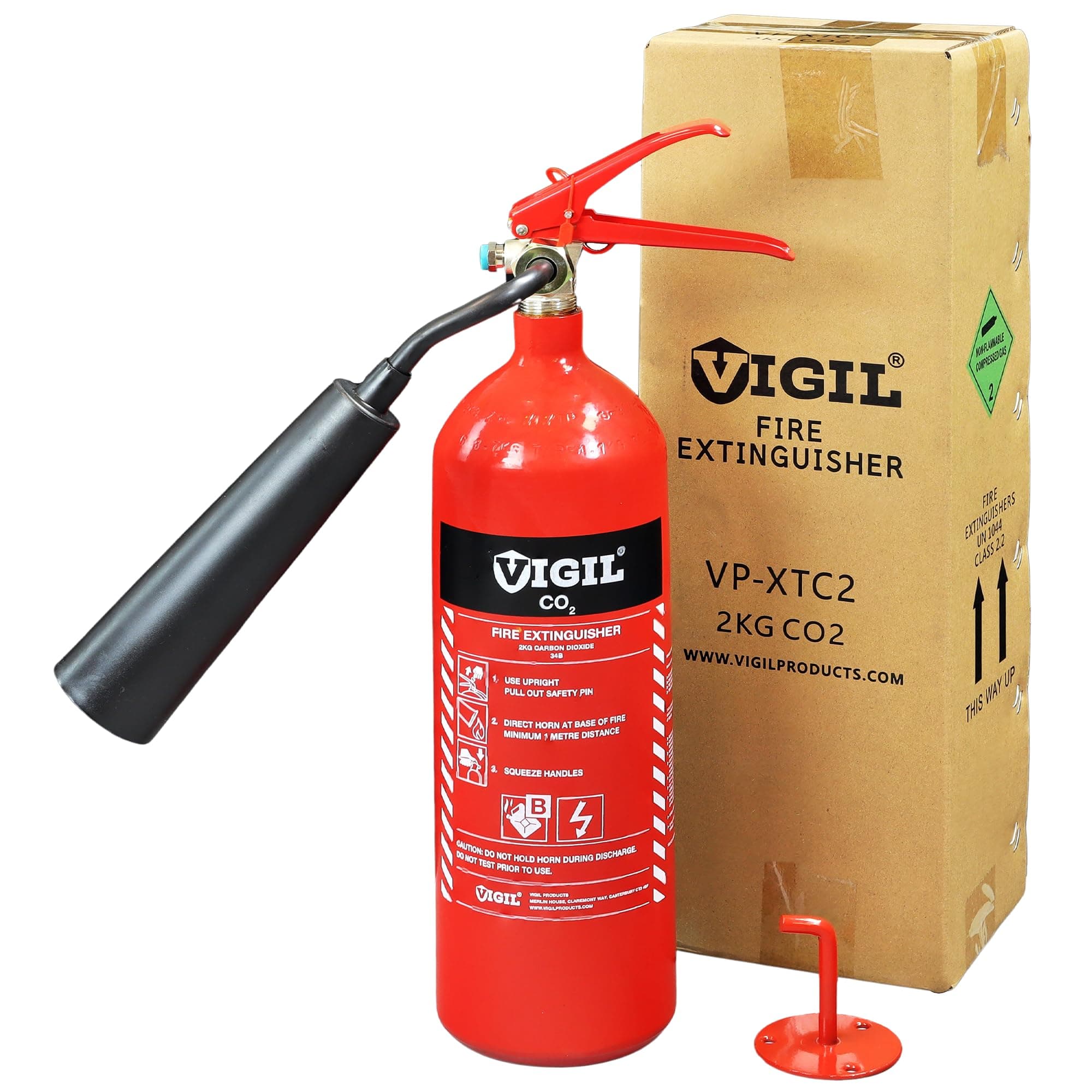 Vigil 2kg CO2 Fire Extinguisher - Class B Fire Extinguisher for Flammable Liquid & Electrical Fires - High Performance 34B Rating - BS EN3 - Wall Bracket Included - 5 Year Warranty