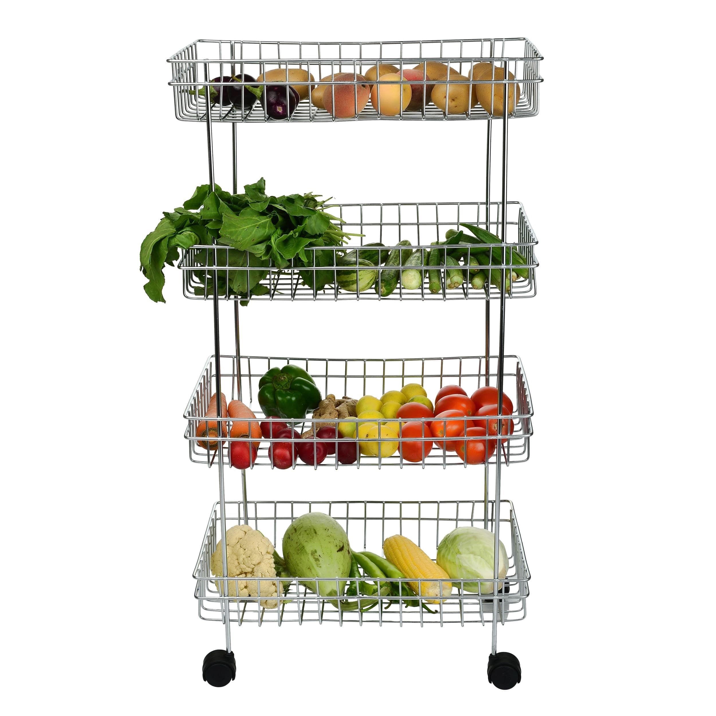 Four Layer Kitchen Trolly Multipurpose Stainless Steel Portable Storage Floor Standing Or Tabletop Rack|Trolley with Wheels for Kitchen Storage, Tiered Shelf, 4 Shelf Trolley