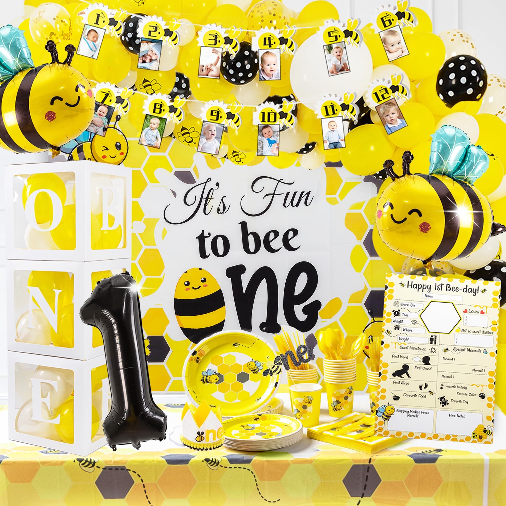 BIMASO IT'S FUN TO BEE ONE First Birthday Decorations – 300+pcs Decor & Table Set - One Year Old Birthday Decorations