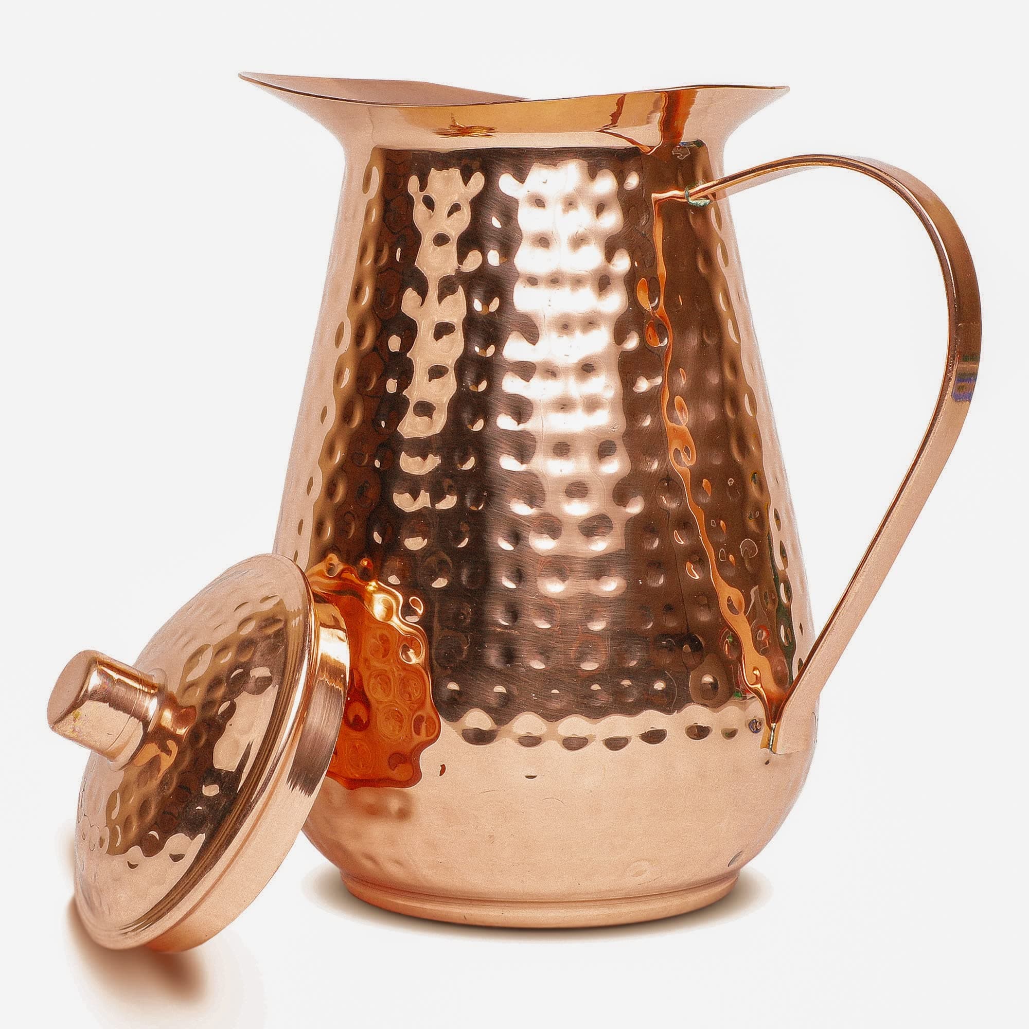 Copper Pitcher w/Copper Handle and Lid, Pure 100% Hammered Vessel, Heavy Duty Copper Jug, Handmade, 70 fl. Oz, Best for Water, Ayurveda, Moscow Mule, Cocktails