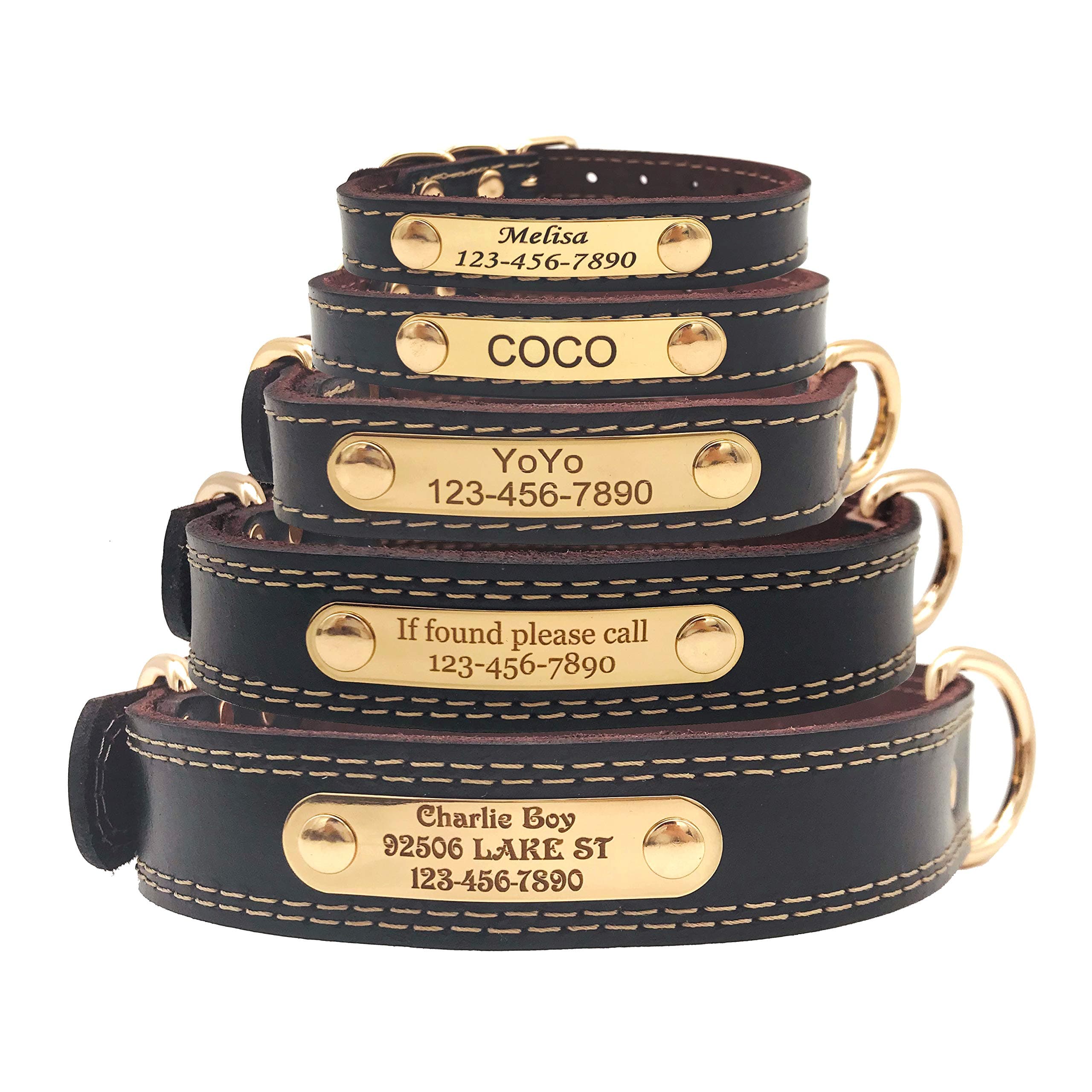 Soft Genuine Leather Custom Dog Collar with ID Tag Engraved Nameplate Brown L