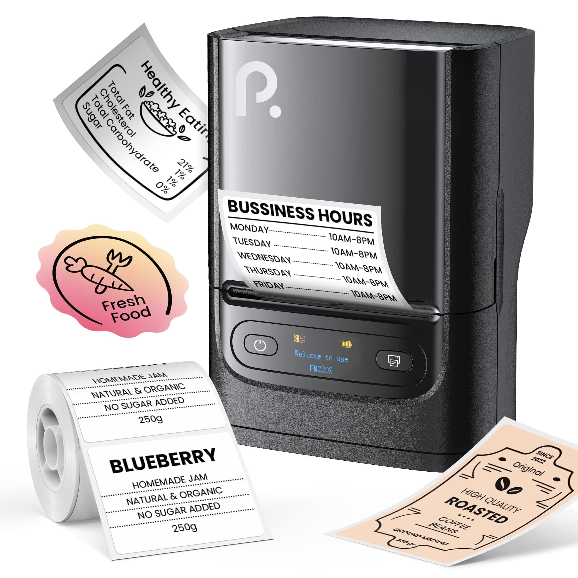POLONOPM220S Label Maker Machine with Tape, 2 Inch Bluethooth Portable Thermal Label Printer for Small Business, Office, Home, Address, Logo Label, Sticker Printer for Phone/Tablet/PC, Black