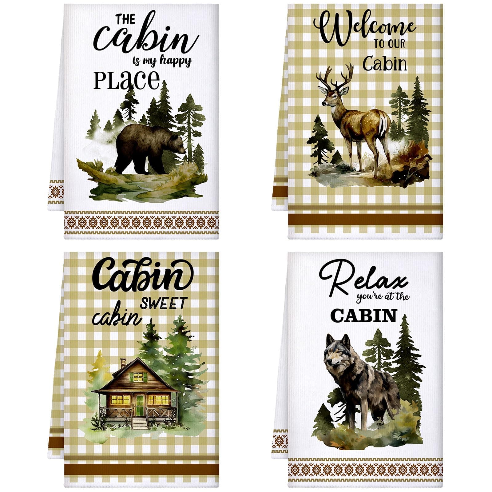 Buryeah 4 Pcs Cabin Kitchen Towels Set 23. 6 x 16 Inches Wildlife Deer Bear Dish Towels Log Rustic Cabin Decor Soft Absorbent Hand Tea Dishcloth for Home Kitchen Bathroom Farmhouse Campers