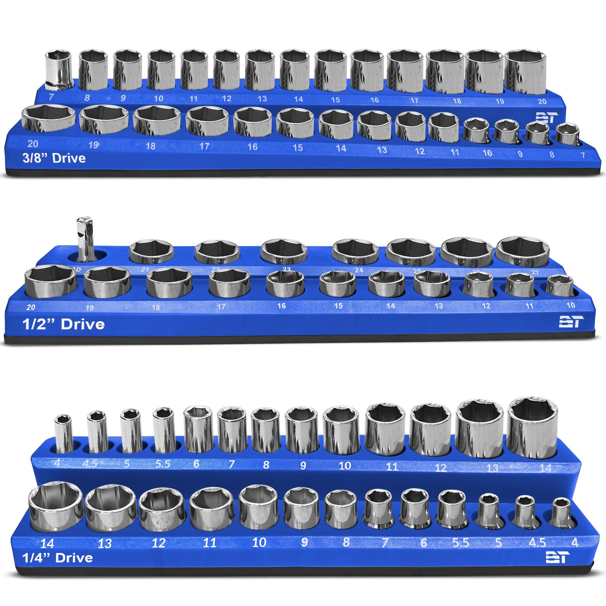 Bauen Tools Magnetic Socket Organizer Set -3 Piece Metric Magnetic Socket Holder Set Blue - 1/2-inch, 3/8-inch & 1/4-inch Drive, Holds 75 Sockets, Professional Grade Socket Tray Organizer. NEW VERSION