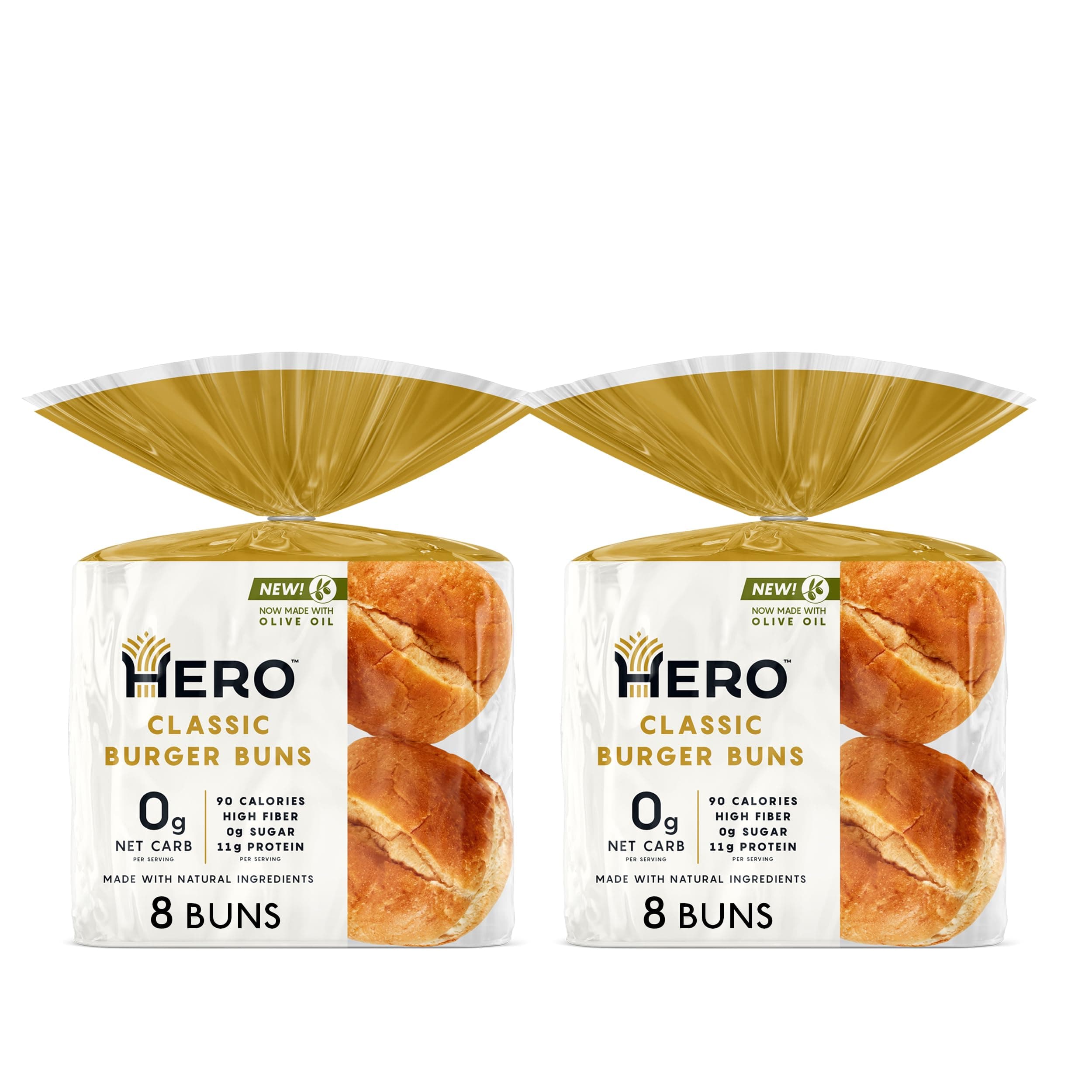 Hero Classic Hamburger Buns - Burger Buns | Net Low Carb Buns | High Fiber, 0g Net Carbs, 0g Sugar & 90 Calories Per Serving Burger Rolls (16 Buns, Pack of 2)