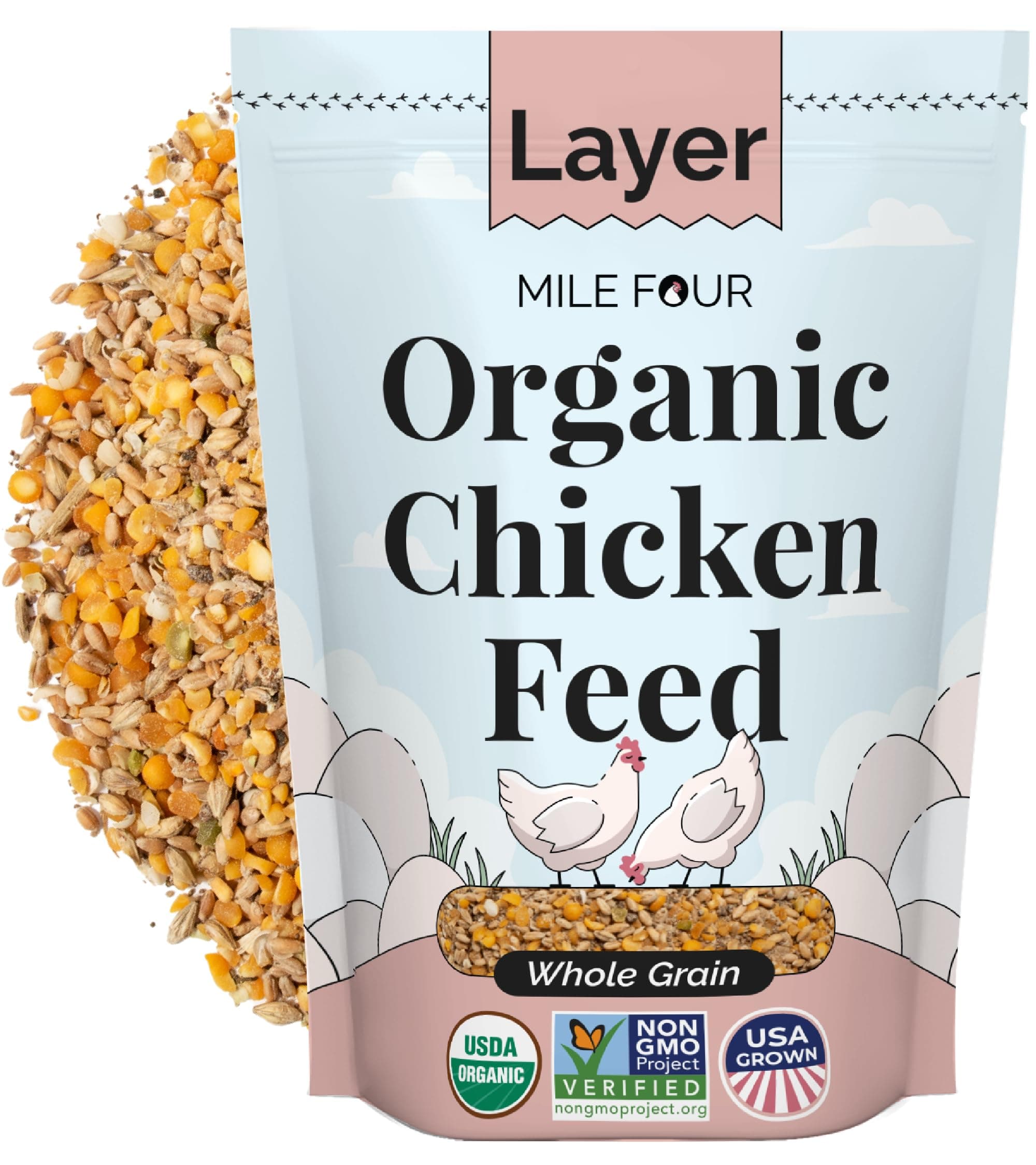 Mile Four Organic Layer Feed Chickens & Ducks. 16% Protein, Non-GMO, Corn Free, Soy Meal Free, 100% Whole Grains, Formulated to Optimize Health, Made Layer Hens Aged 20+ Weeks (2 lb)