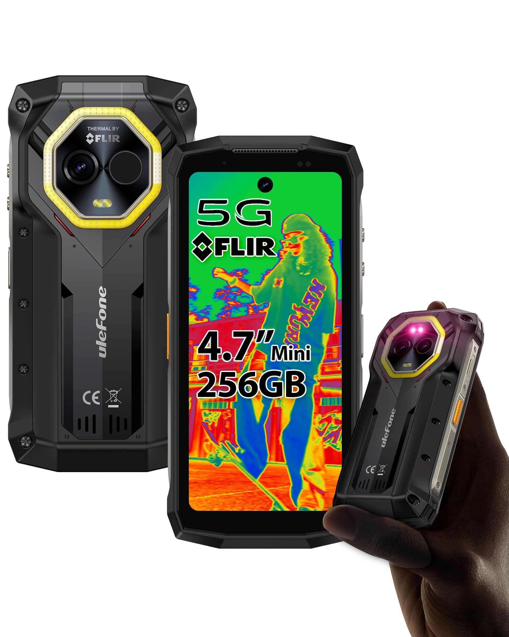 Ulefone Armor Mini 20T Pro 5G Rugged Smartphone 4.7" Thermal Imaging 256GB ROM 2TB Expand, Android 15, Corning Gorilla Glass, 33W 6200mAh Wireless, 50MP+32MP Waterproof, Flashlight & Warning Light