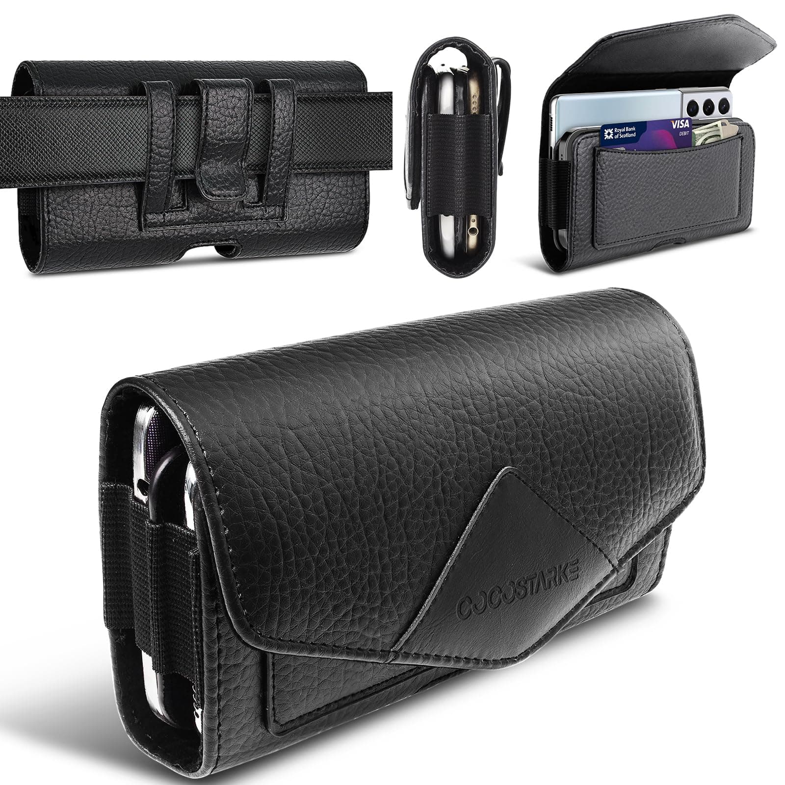 Leather Cell Phone Holster with Belt Loop for Men, Black - Holder for iPhone 17/16/15/14/13/12/11, 17Pro/16Pro/15Pro/14Pro/13Pro/12 Pro, Samsung, Motorola (Holster for 2 Phones)