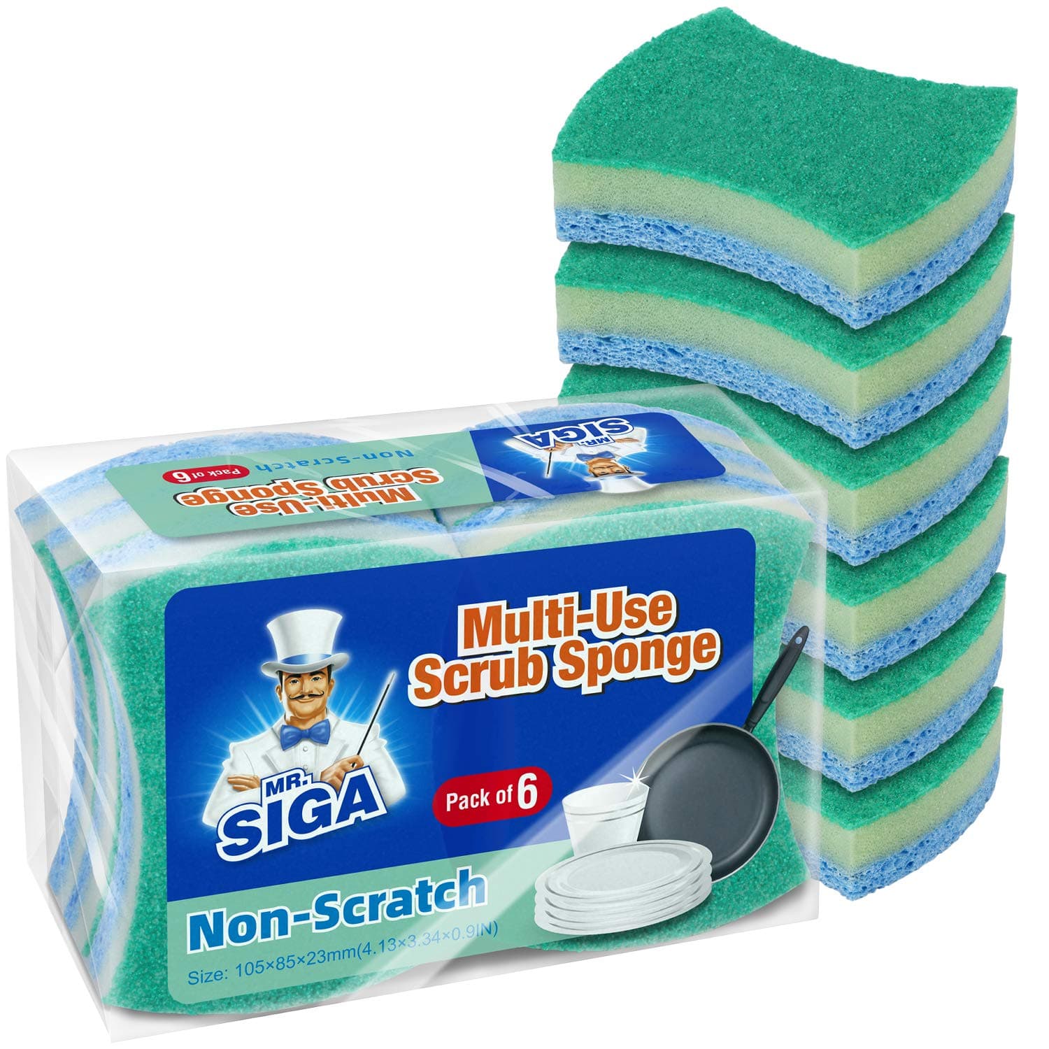 MR.SIGA Multi-Use Cellulose Scrub Sponge, Dual-Sided Dishwashing Sponge for Kitchen, 12 Pack