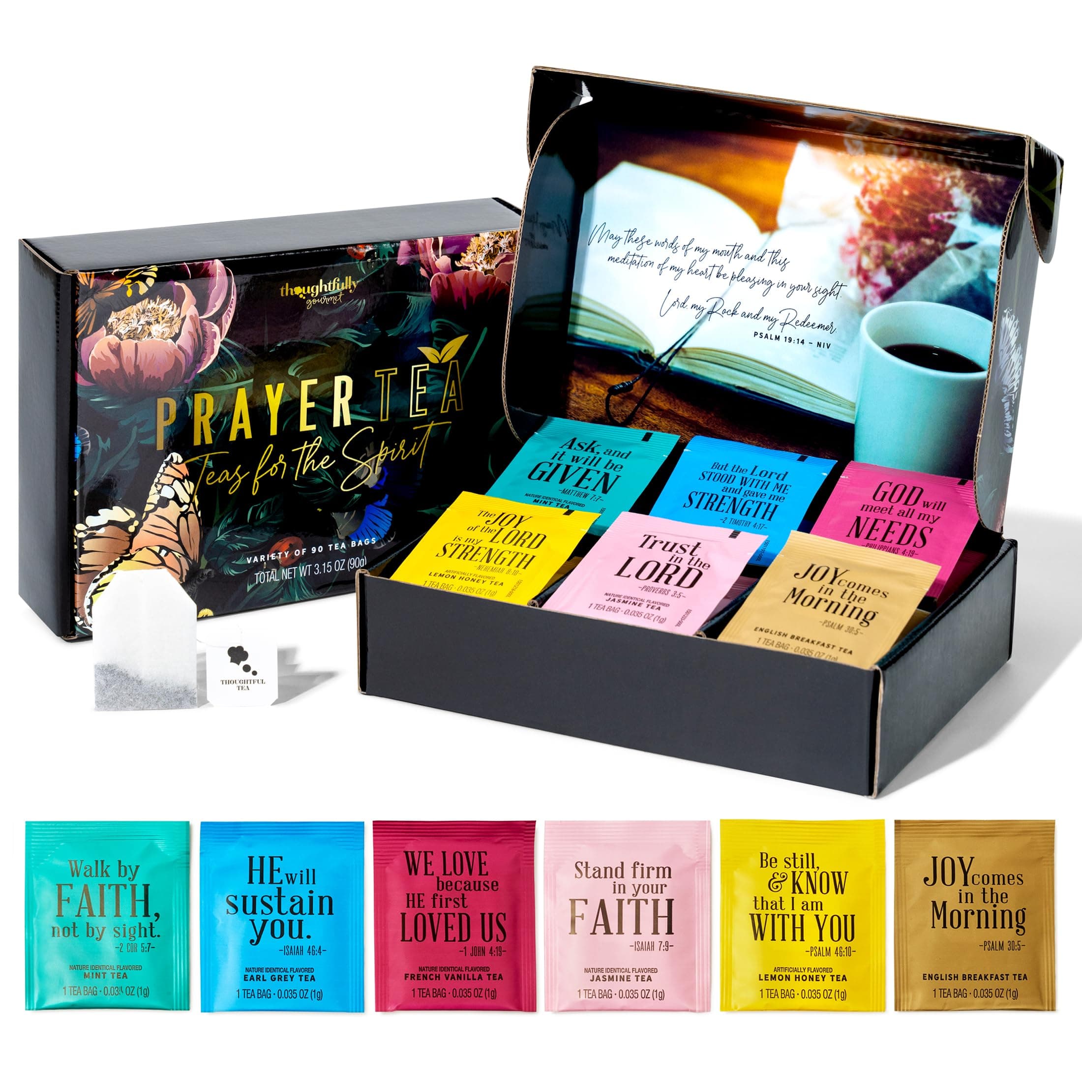 Thoughtfully, Tea Affirmations Christian Prayer Gift Set for Women, Religious Tea Gift with 6 Flavors and Bible Verses from Psalms and Other Books to Rejoice, Pack of 90