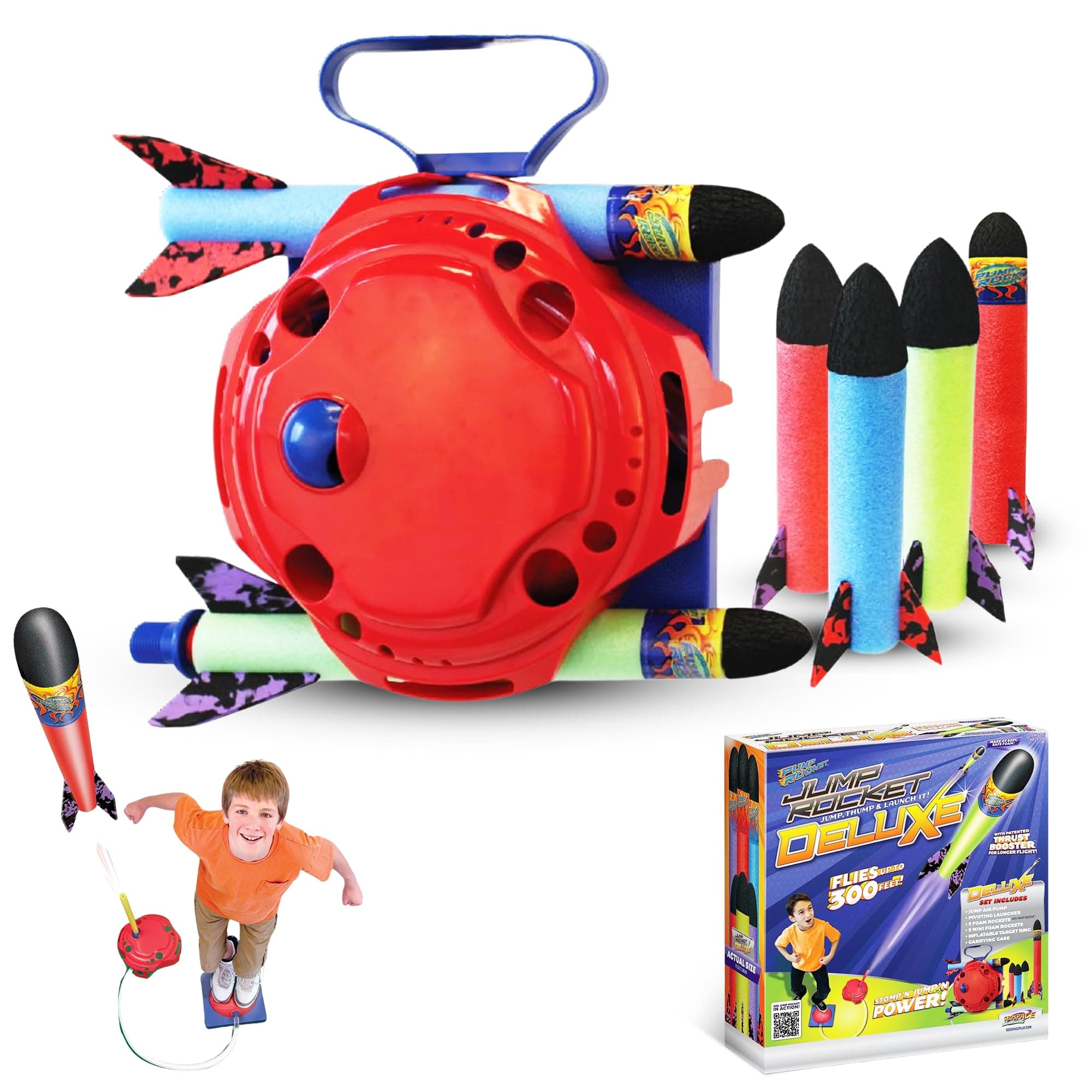 Geospace Jump Rocket Deluxe Size Set Single Pump – 6 Flying Foam Rockets Outdoor Toys for Kids, Boys & Girls – Stomper Rocket Set – Leg Powered Stomper Rockets Toy - Cool Toys for Fun