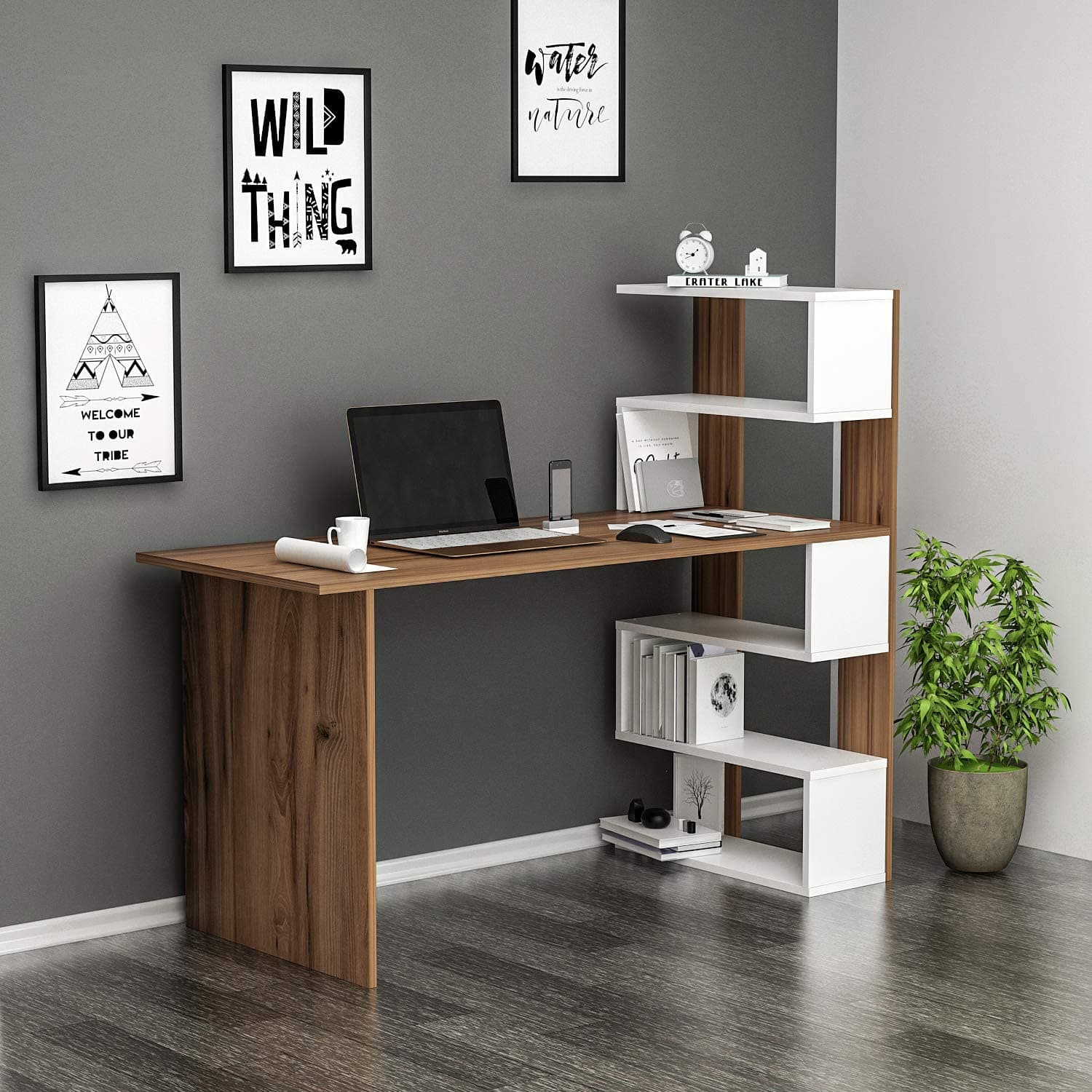 HOMIDEA DELUXE Bureau - Computer Workstation - Home Office Desk - Writing Table with shelf unit in modern Design (Walnut/White)