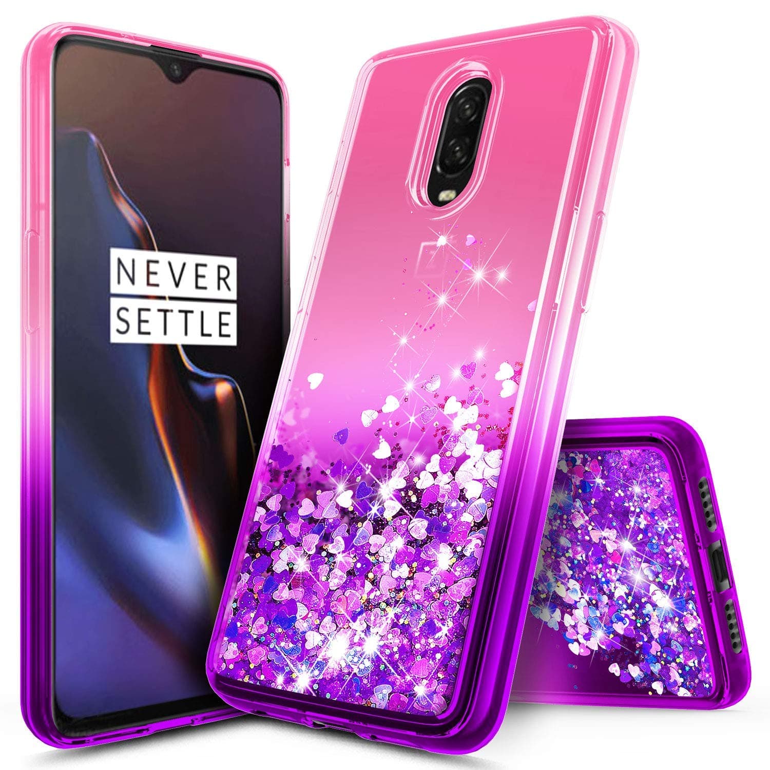 OnePlus 6T Glitter Case, NageBee Liquid Quicksand Waterfall Floating Flowing Sparkle Shiny Bling Diamond Girls Cute Case for The OnePlus 6T Smartphone (2018) -Pink/Purple