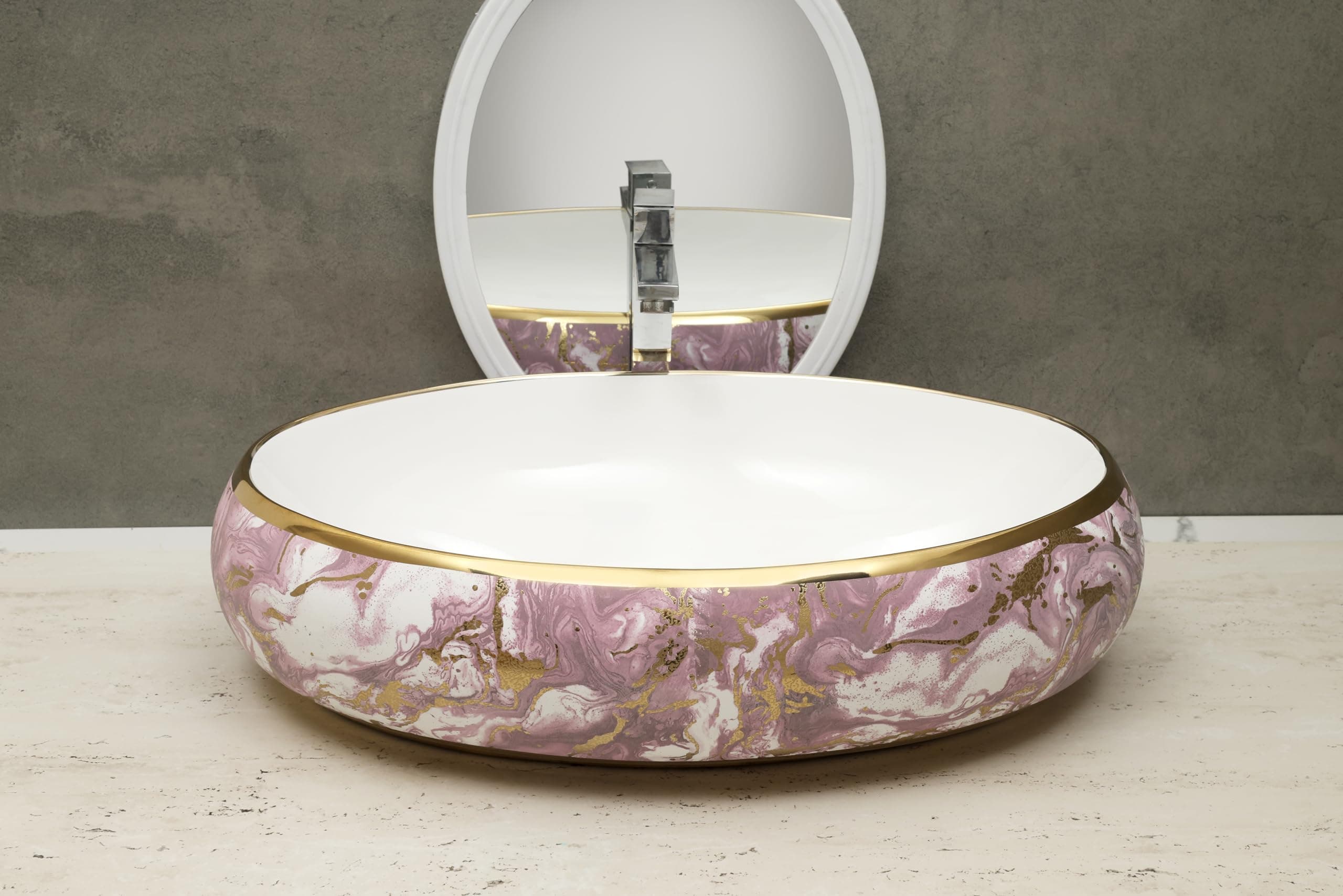 HISRE Designer Ceramic Table Top Sink Basin for Bathroom | Over Counter Wash Basin for Living Room | Washbasin Countertop (24 x 17 x 5.5 Inch) (Style - 7) G3902