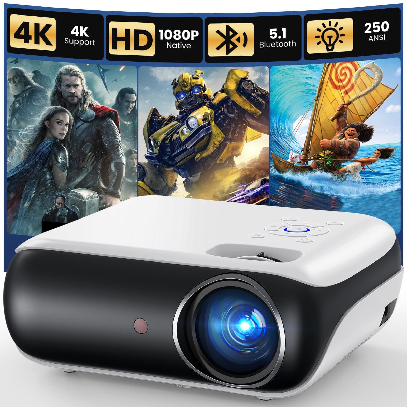 HAPPRUN Native 1080P Projector, Bluetooth Home Theater Movie Projector with Built-in Speaker, Compatible with Smartphone, HDMI, Fire Stick, PS5, Indoor & Outdoor Use - Without Google TV System