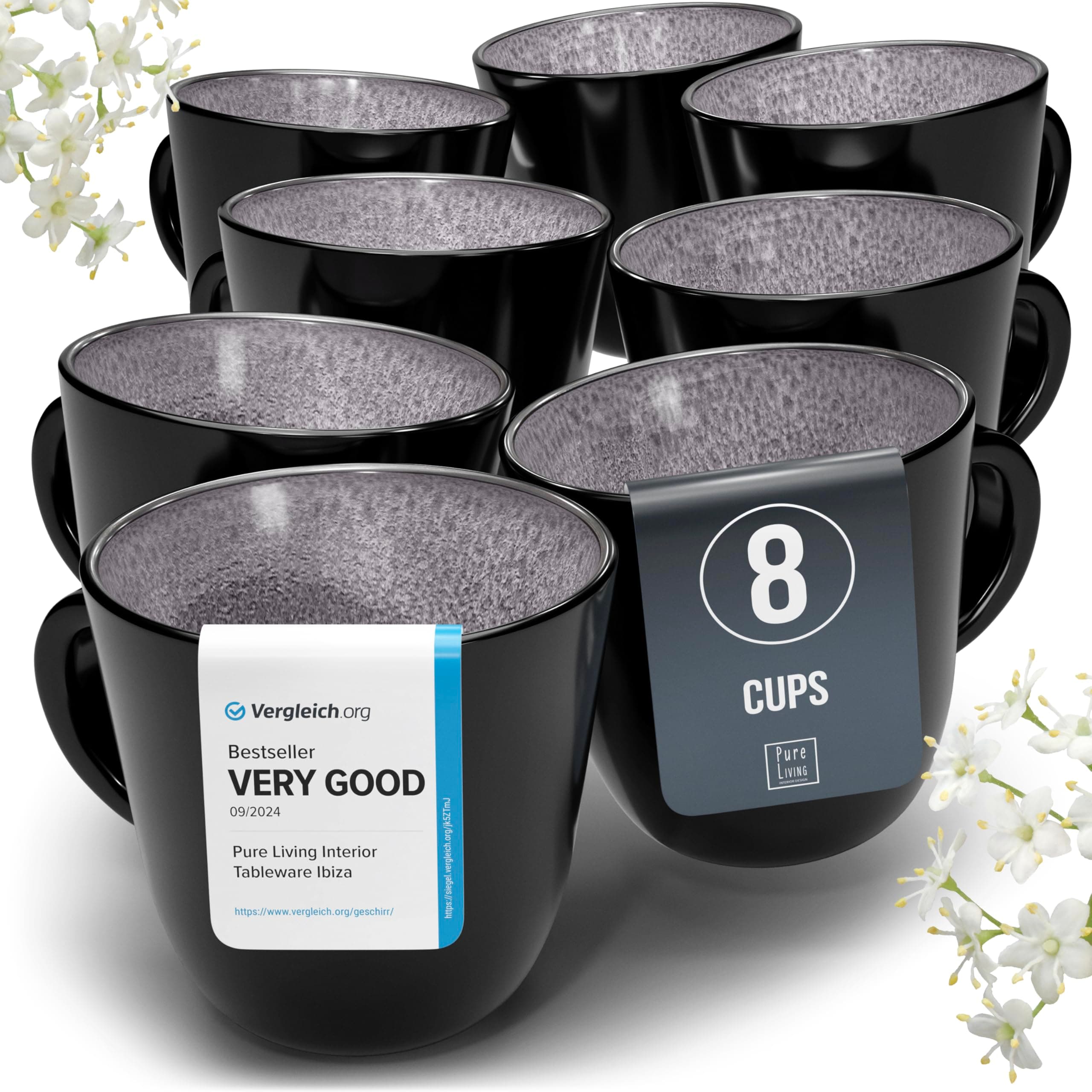 Stoneware coffee mugs set 8 pcs – 14.5 oz dark gray ceramic cups – Dishwasher and microwave safe – Modern stylish coffee cup set – Dinner service