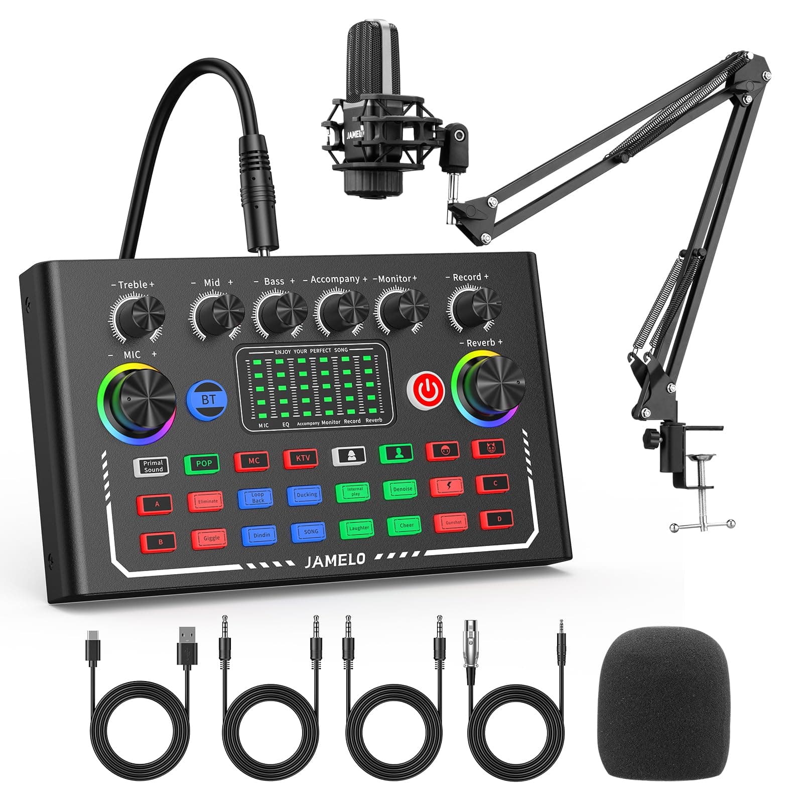 Podcast Equipment Bundle, JAMELO Studio Equipment Kit with Condenser Microphone/Mic Arm/Voice Changer, OTG, Audio Mixer Sound card for Phone/PC/Laptop, Perfect for Recording Broadcast Streaming Gaming