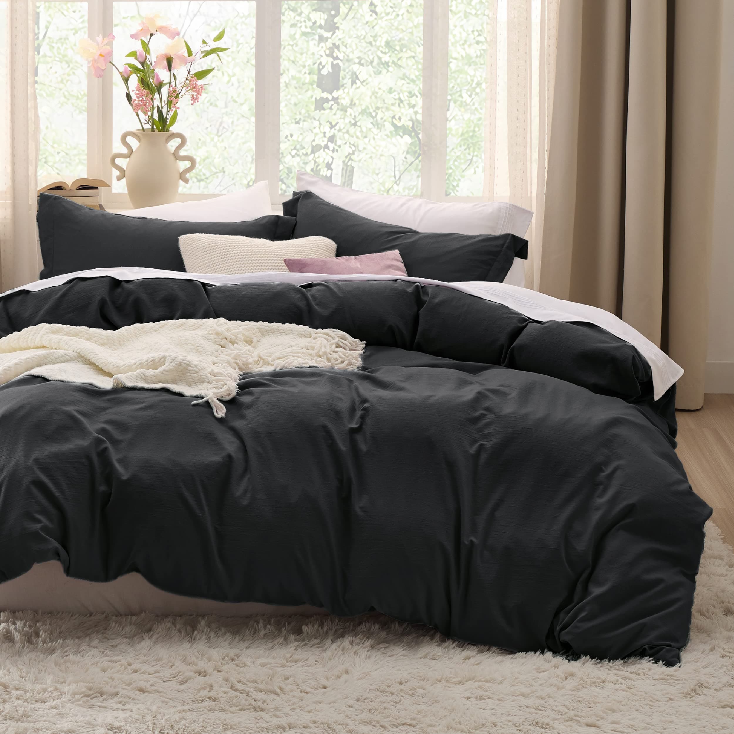 Black Duvet Cover Full Size - 3 Pieces Prewashed Extra Soft Cotton-Like Polyester Bedding Set, Includes 1 Duvet Cover 80x90 Inches with Zipper Closure & 2 Pillow Shams, Comforter Not Included