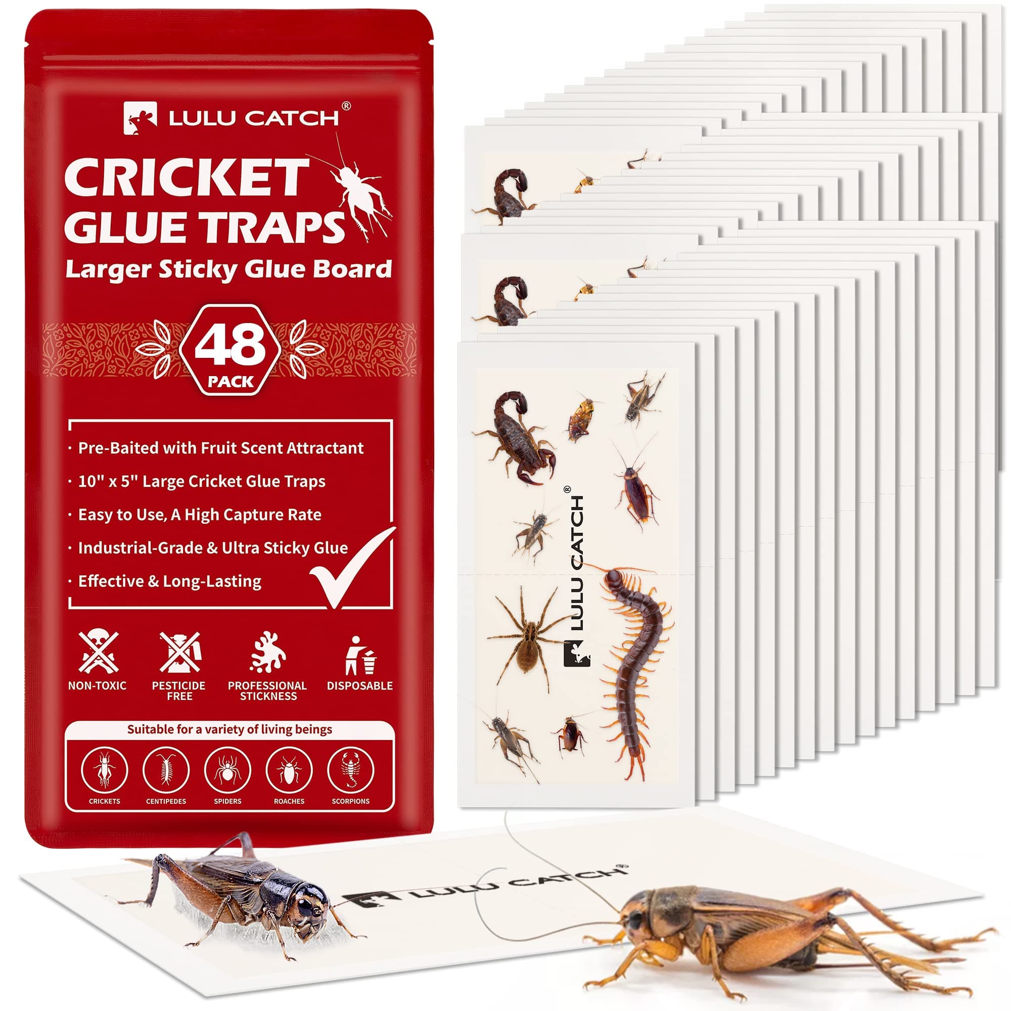 LULUCATCH Cricket Insect Glue Traps - 48 Pack Bug Sticky Traps, Large & Adhesive Spider Scorpion Trap with Pre-Baited Attractant, Highly Effective Glue Boards Indoor, Non-Toxic, Pet Safe Pest Control