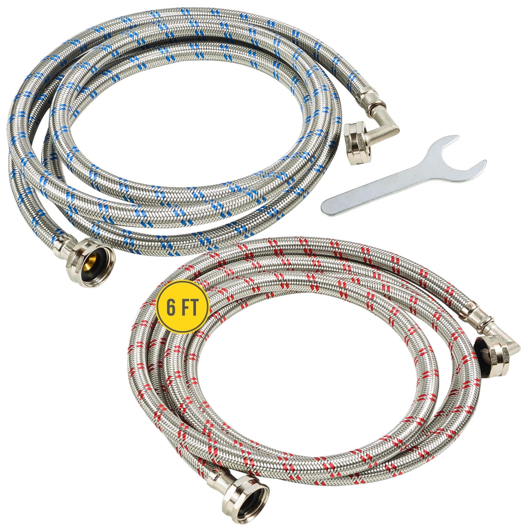 Washing Machine Hoses (6FT) - 90° Elbow - OCTAGON Connections for Secure Tightening - Universal Fit to All Wash Machines - (2 Pack) Braided Stainless Steel - Burst Proof Washer Water Supply Line