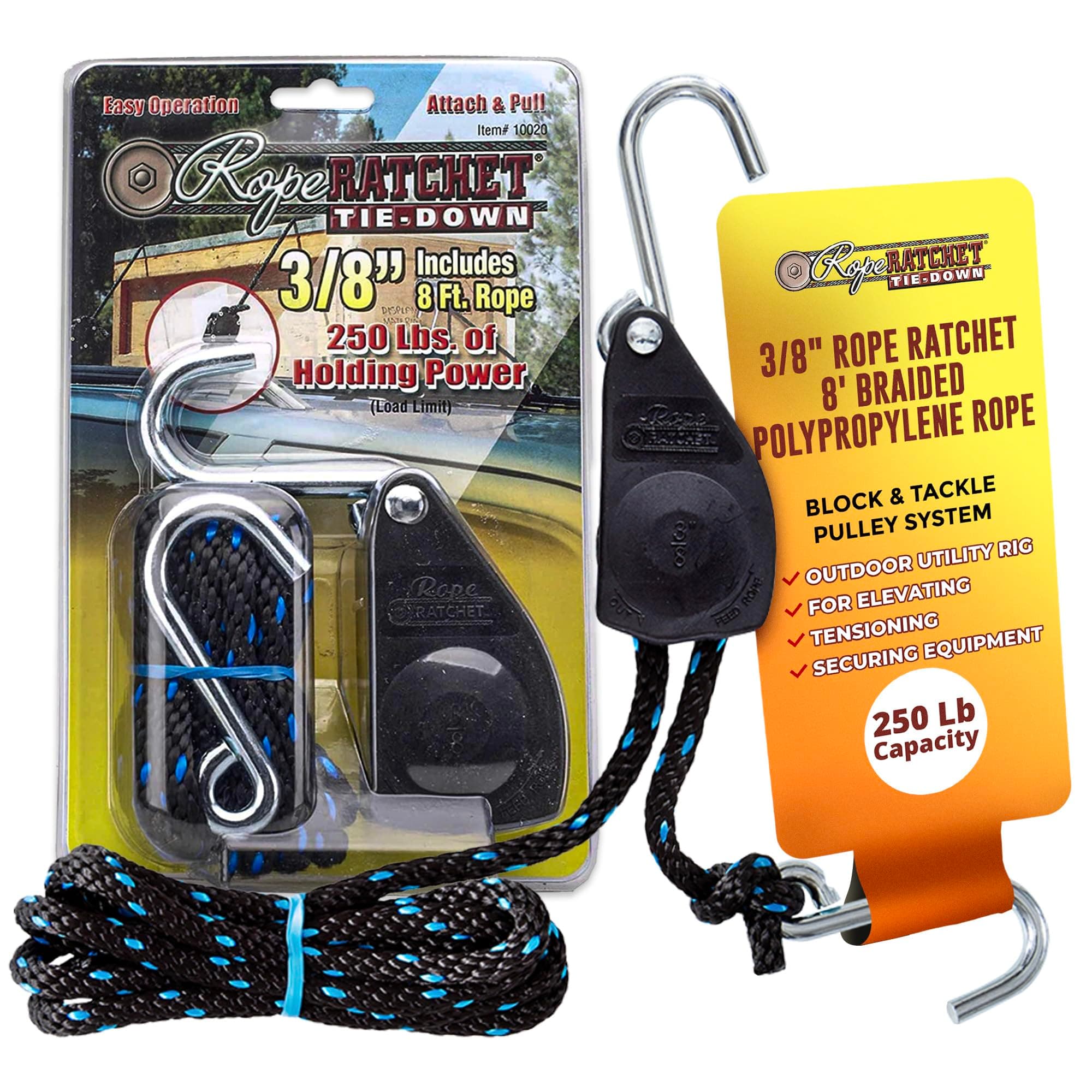 Rope Ratchet 3/8" Tie Down, 250 lb Capacity Block & Tackle Pulley System with Hooks, Adjustable Hanger for Kayaks, Canopies, Tents, 8' Braided Polypropylene Rope, Ideal for Roof Rack, Canoe Tie Downs