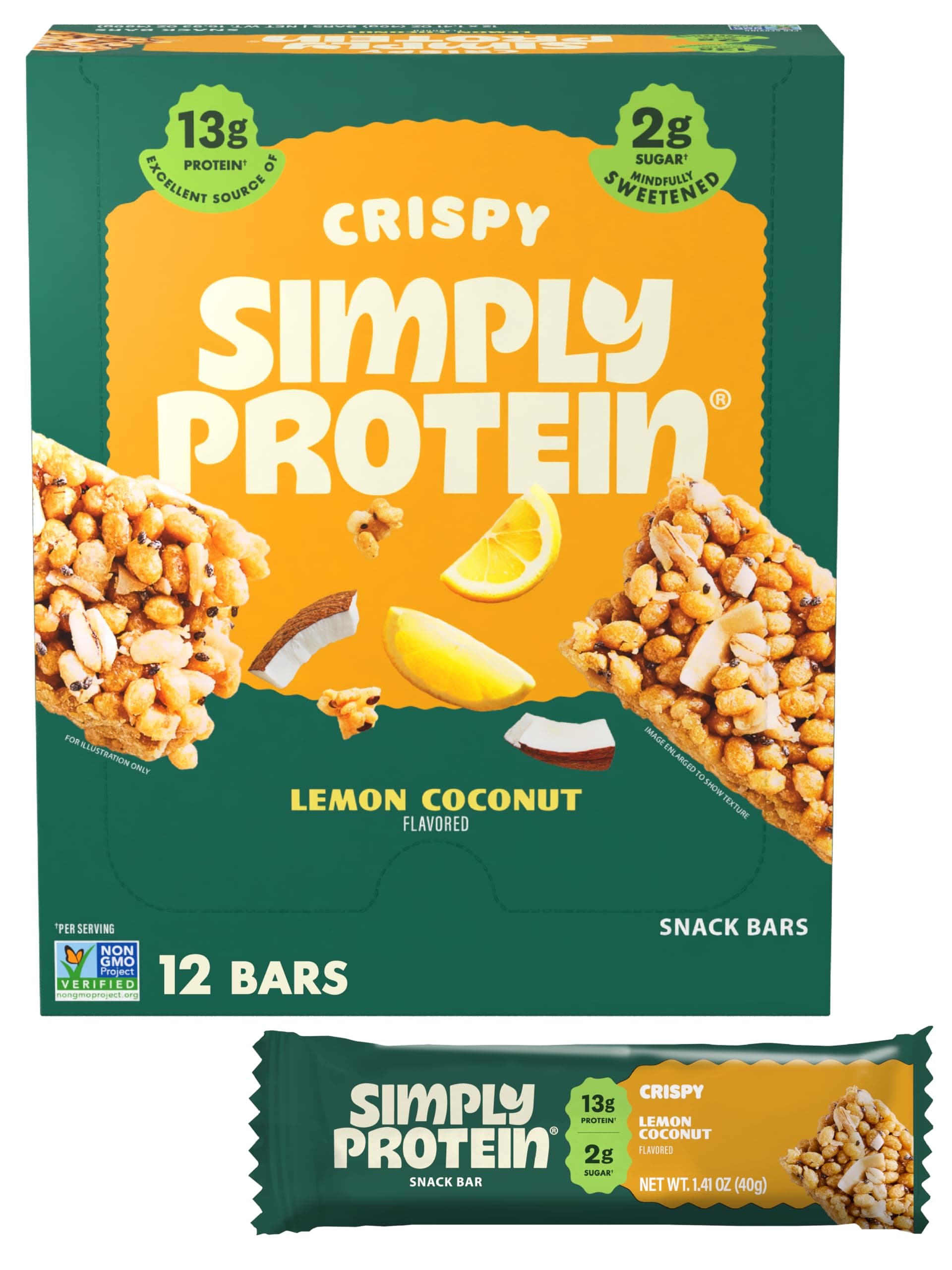 Simply Protein - Lemon Coconut Crispy Bars - Plant Based Protein Bars - Low Carb, Low Sugar, High Fiber - 13g Protein, 2g Sugar, 7g Fiber - Vegan, Gluten Free, Non GMO, Kosher - 12 Bars