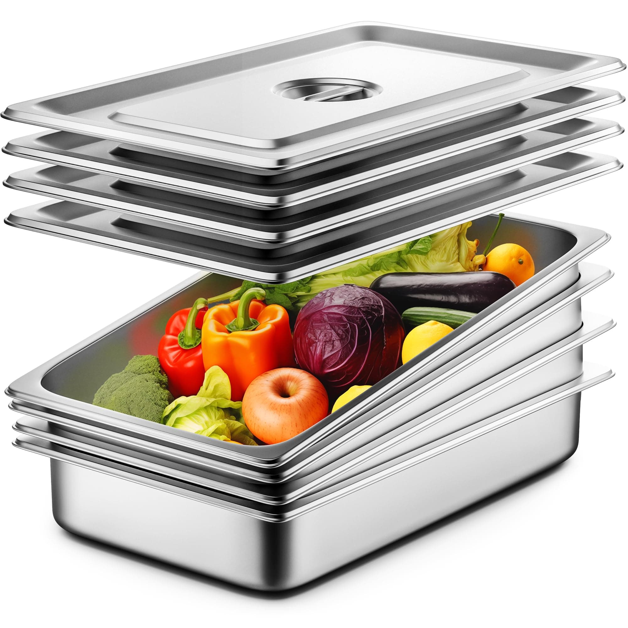 ZeroPone 4" Deep 4 Pack Thickened Stainless Steel Hotel Pan Set with Lid - 13.7 Quart Capacity - 13.7 kg Weight Capacity - Uncoated Finish - Commercial Pan - 4 Pans, 4 Lids