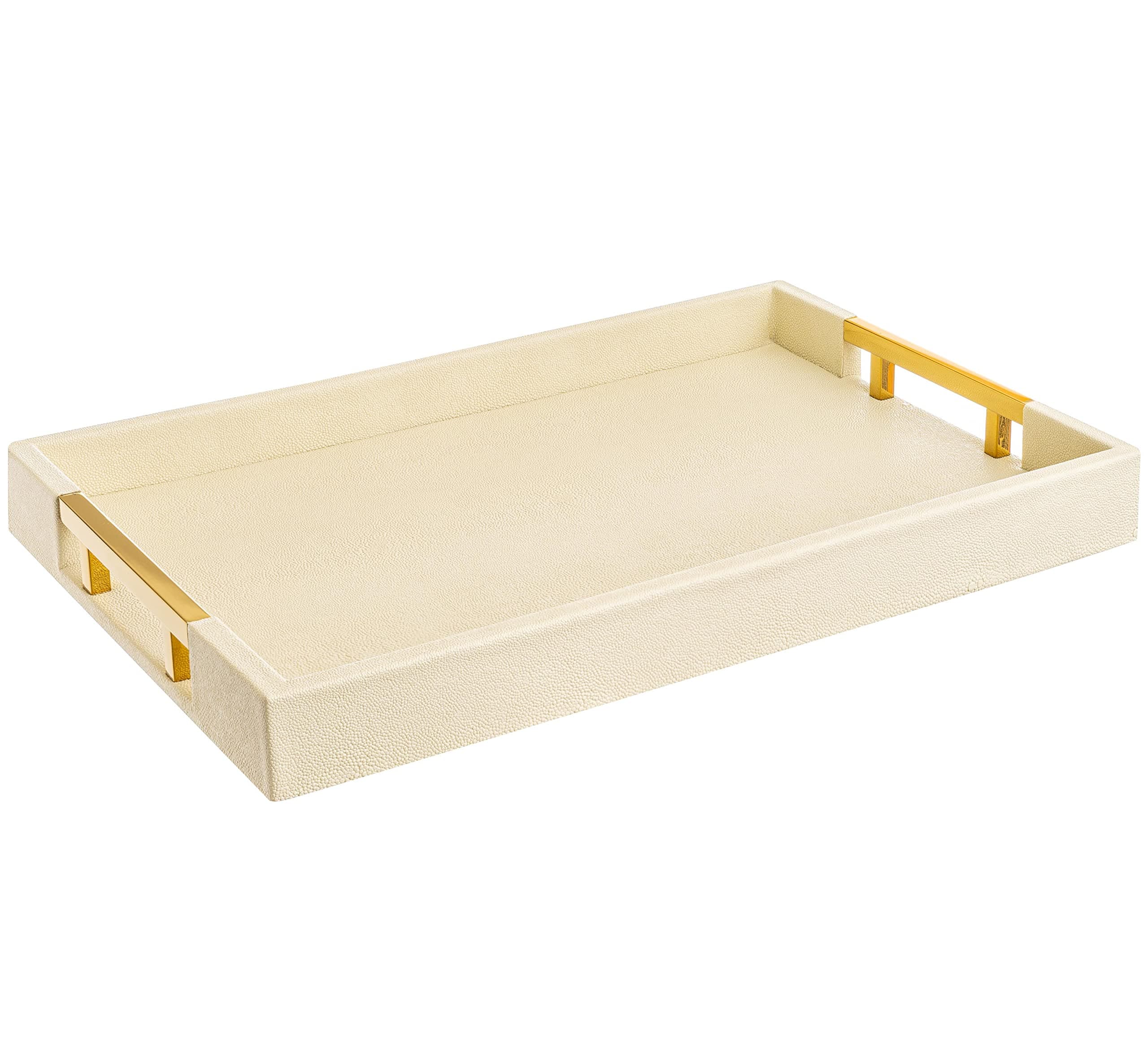 Modern Elegant 17.5”x12” Rectangle Cream Rectangle Shagreen Faux Leather Decorative Tray Ottoman Tray Coffee Table Perfume Living Room Kitchen Serving Tray with Gold Polished Metal Handles.