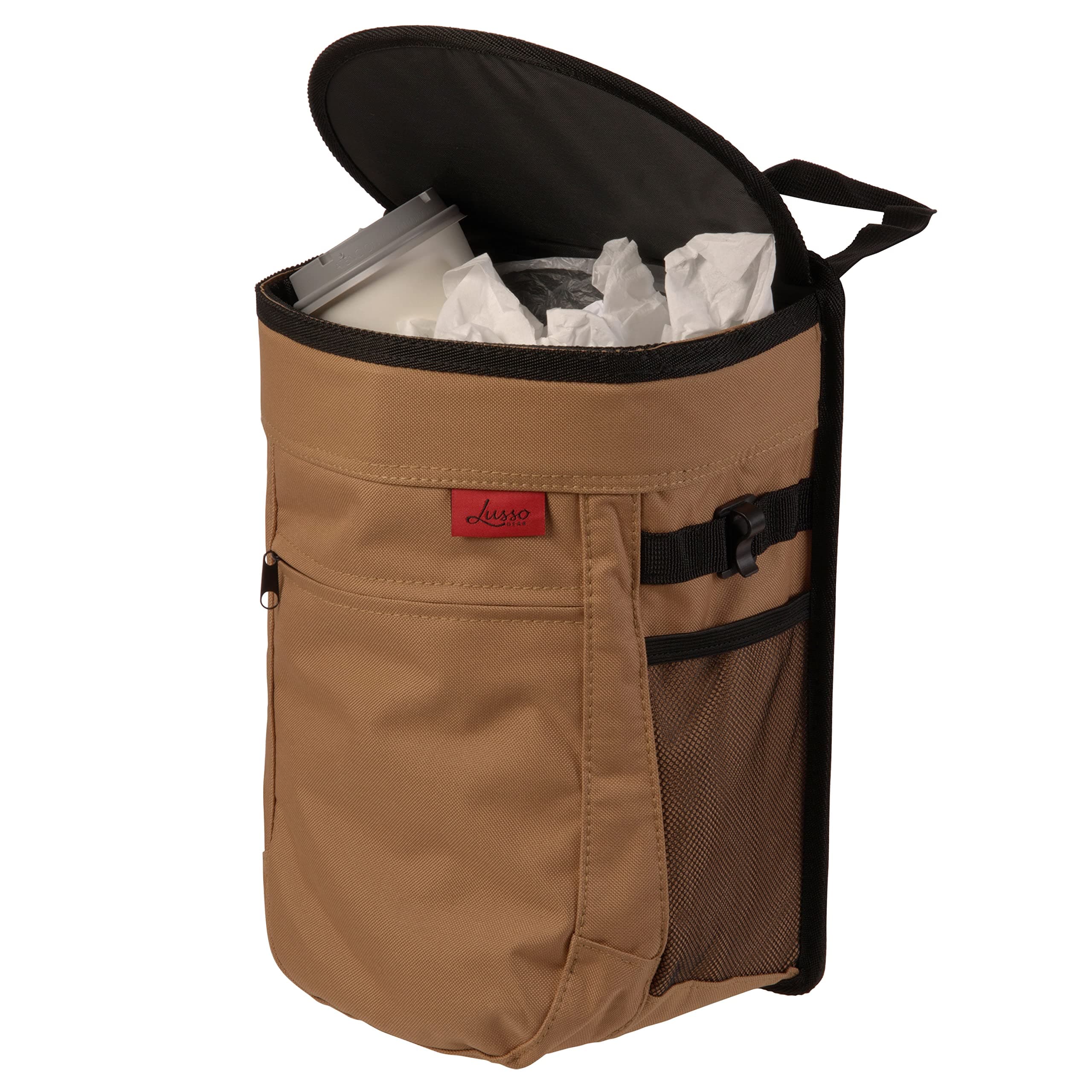 - Lusso Gear Spill-Proof Car Trash Can - Easy to Clean Hanging Garbage Bin - Leak-Proof Lid, Removable Liner, Waterproof - Keeps Truck, SUV, Car, Minivan Clean & Odor Free - 2.5 Gallon Tan Car Trash Can