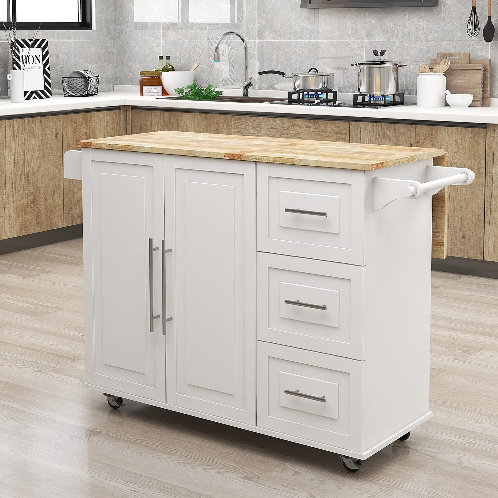 RASOO Kitchen Island with Drop-Leaf Rubber Wood Top Kitchen Cart with Storage Cabinet and Drawers Island Table for Kitchen with Towel Rack & Bottle Rack, White, 43.7"x16.93"x36.02"(LxWxH) (White)