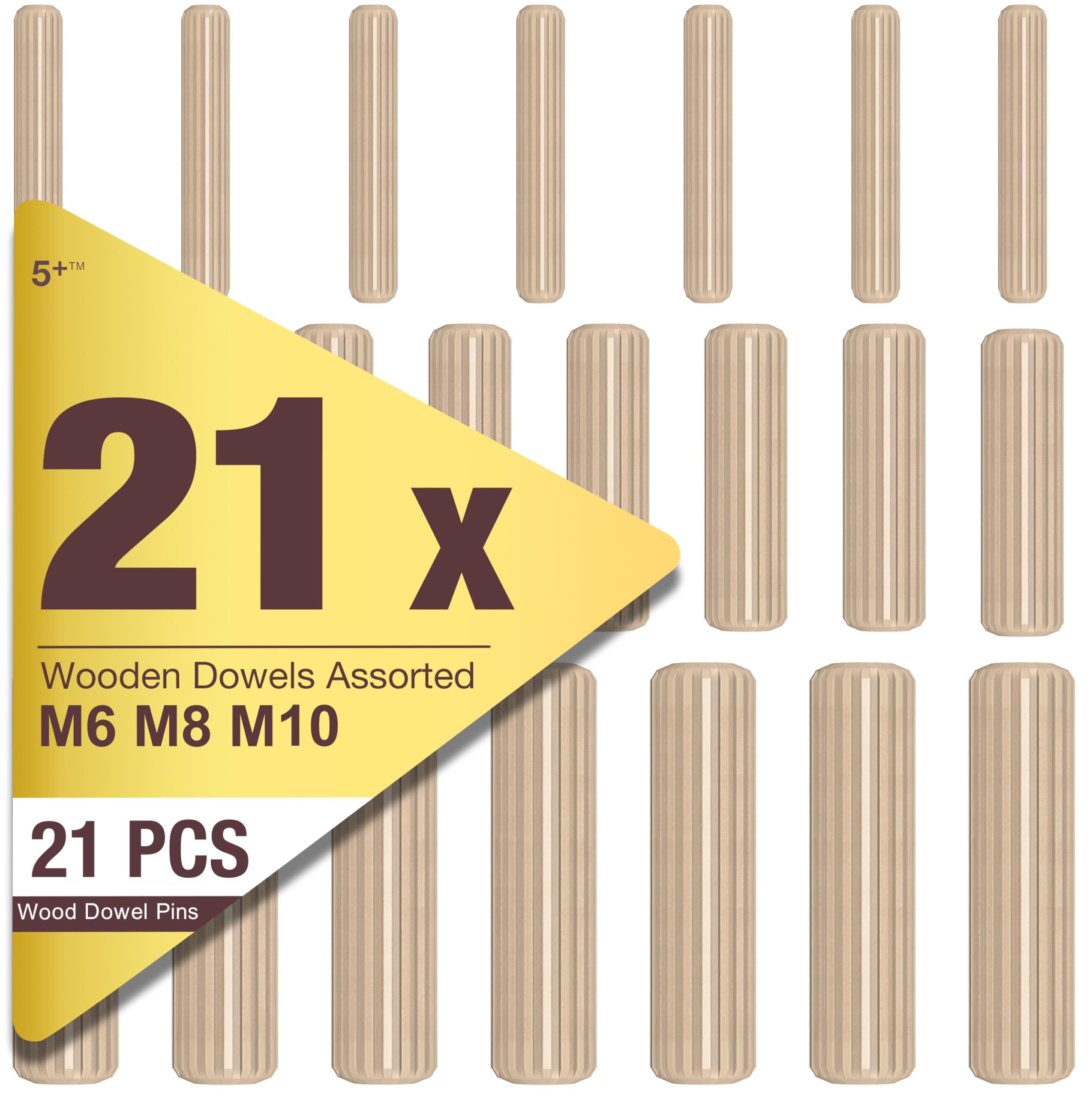 5 Plus 21 Pcs Assorted Wooden Dowels M6 M8 M10 Hard Wood Grooved Furniture Woodwork Grooved Fluted Pin Craft 6mm 8mm 10mm