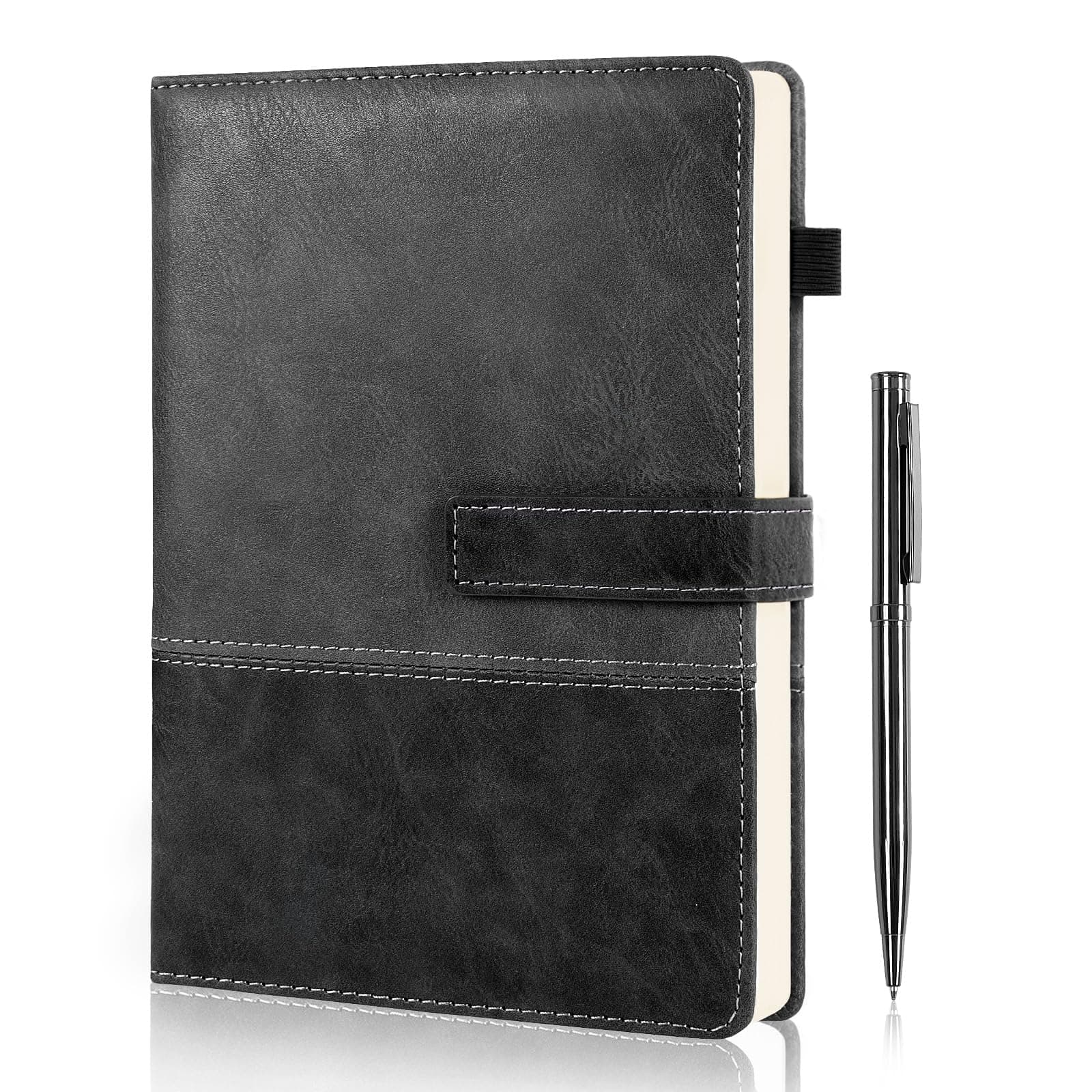 Leather Notebook Journal with Pen, A5 Lined Hardcover Notebook with Magnetic Closure, 240 Pages Daily Journal for Men Women, Ruled Journals Notebooks for Work, Writing, Note Taking - Black