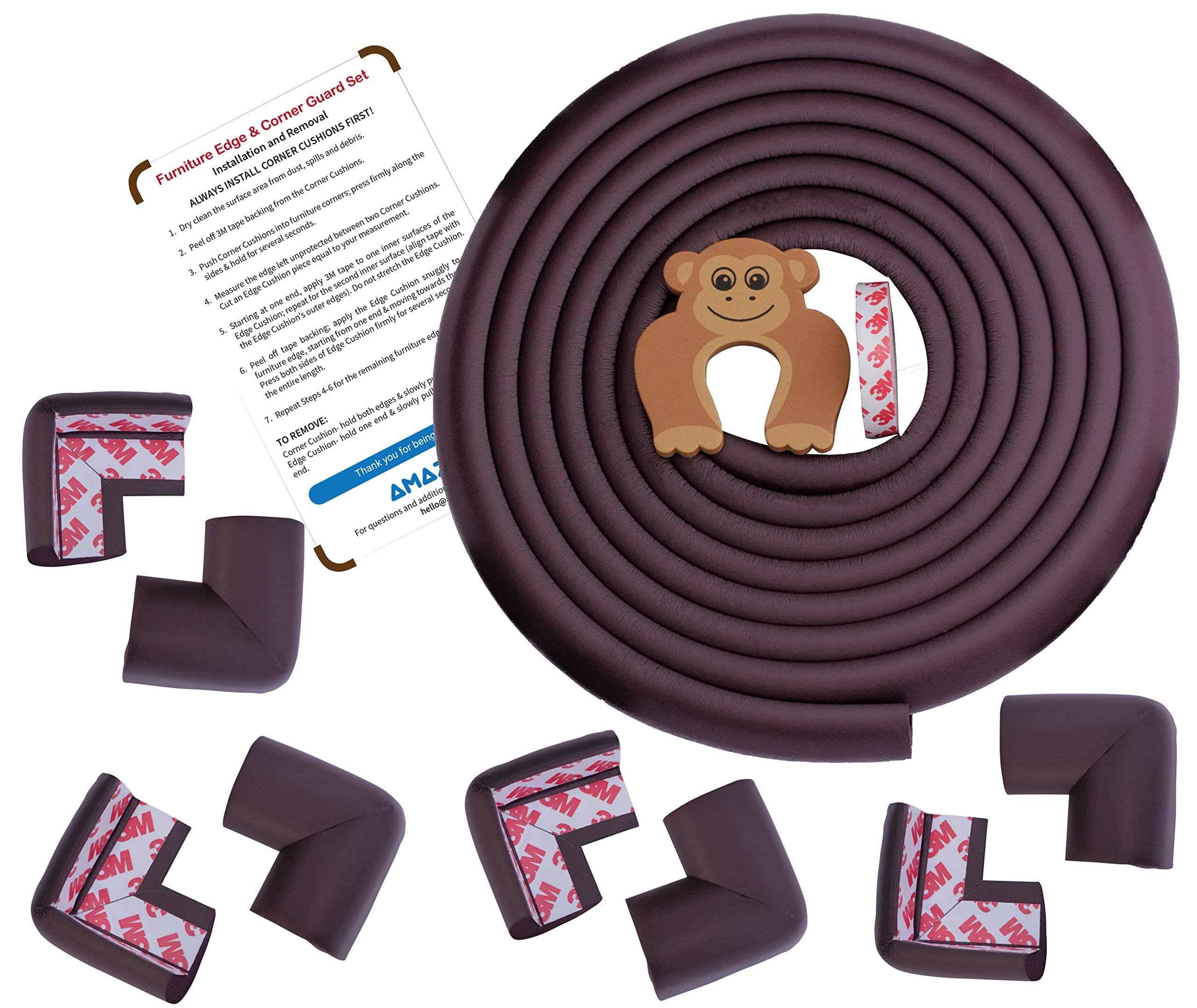 AMAZARA Baby Proofing Edge & Corner Guards | Extra Long 16.4Ft Edge + 8 Pre-Taped Corner Protectors | Child Safety Furniture Cushions | Brown