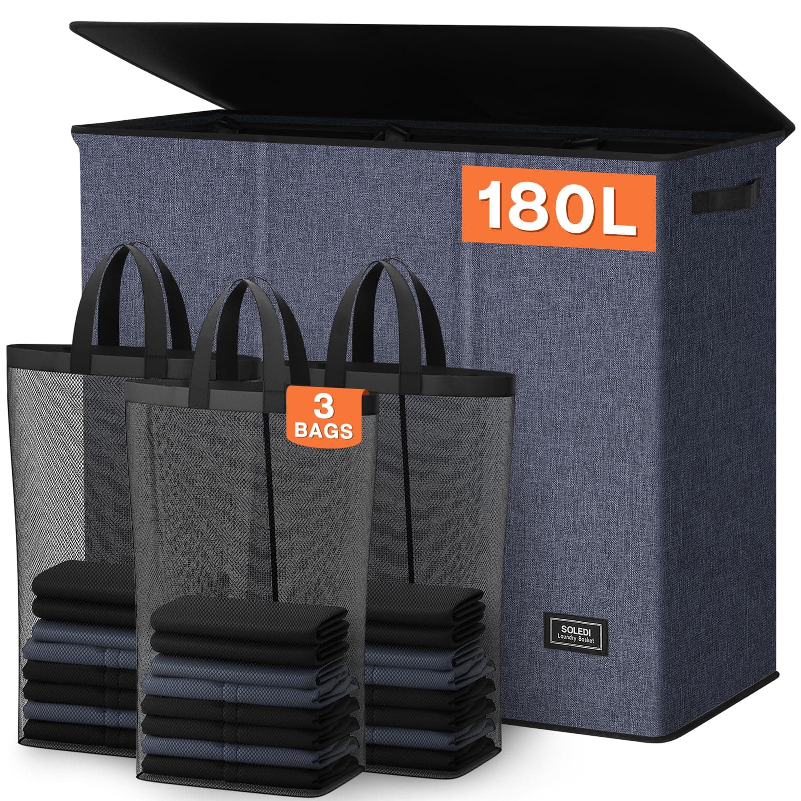 SOLEDI 180L 3-Section Laundry Hamper with Lid, Extra Large Dirty Clothes Basket with Sturdy Handles for Laundry Room & Bedroom - Durable Organizer for Sorting Laundry