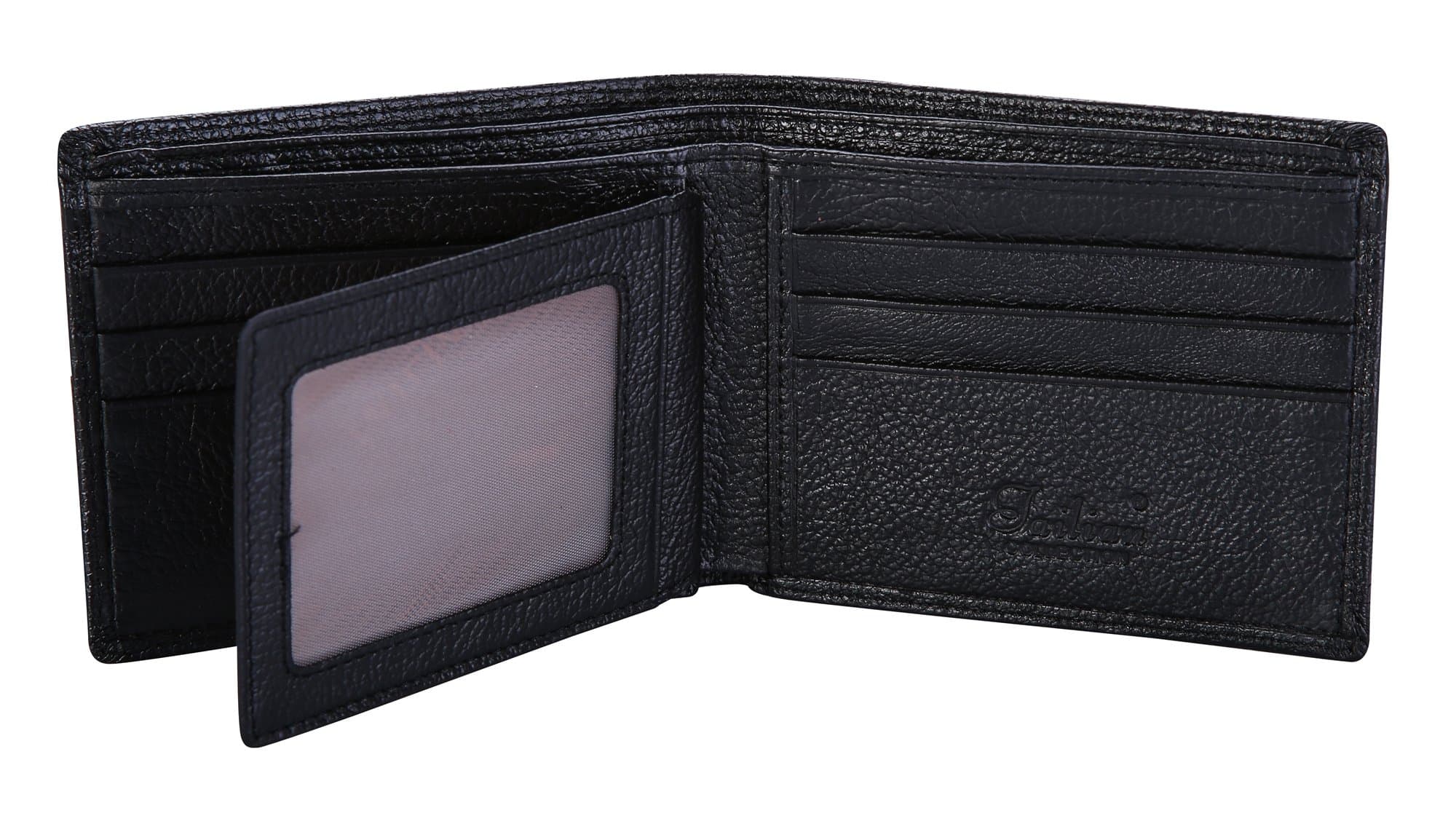 RFID Blocking Mens Genuine Leather Center Flip ID Wallet (Black-1c)