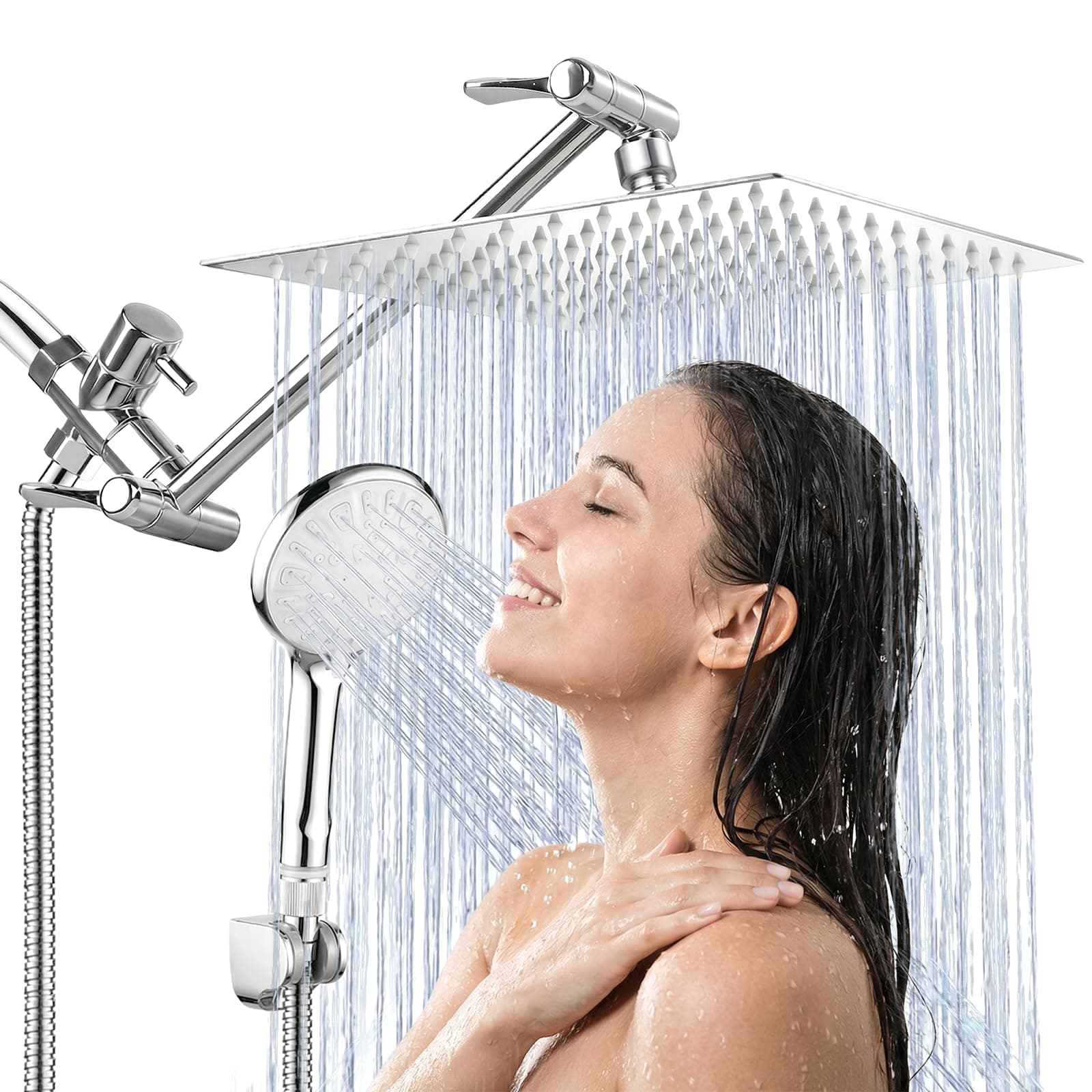Shower Head, 10 Inch High Pressure Rainfall Shower Head/Handheld Shower Combo with 11 Inch Extension Arm, 9 Settings Adjustable Anti-leak Shower Head with Holder/Hose, Height/Angle Adjustable