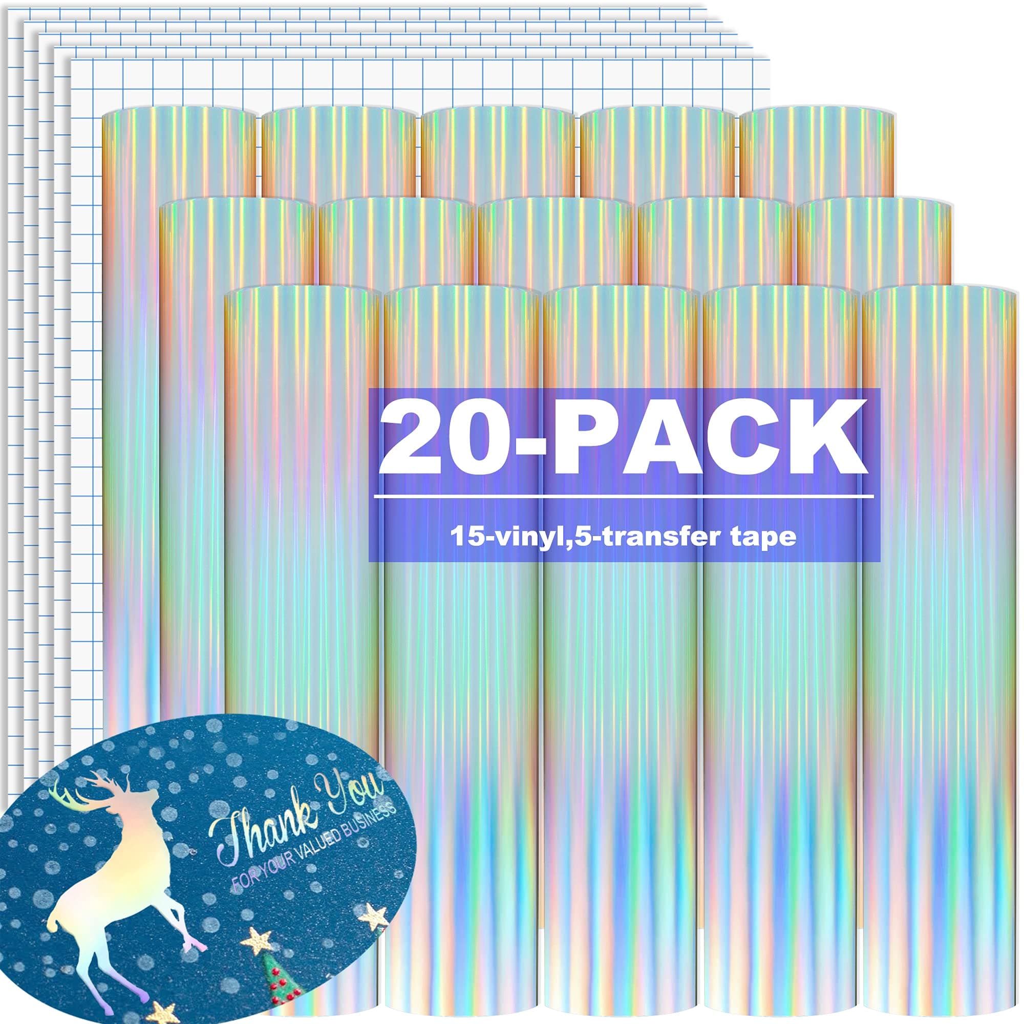 Holographic Permanent Vinyl Bundle, 20 Pack 10 x12 in Rainbow Silver Adhesive Craft Vinyl Decals with Transfer Tape for Cricut Maker, Explore Air 2, Silhouette Cameo