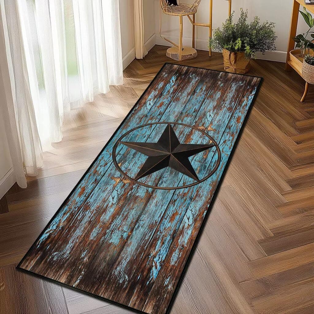 Western Runner Rug 2x6,Rustic Barn Texas Star on Old Wooden Plank,Ultra-Thin Throw Carpet Washable Kitchen Runners Teal Hallway Rug Entrance Door Mat Non Slip Accent Area Rugs for Entryway Laundry