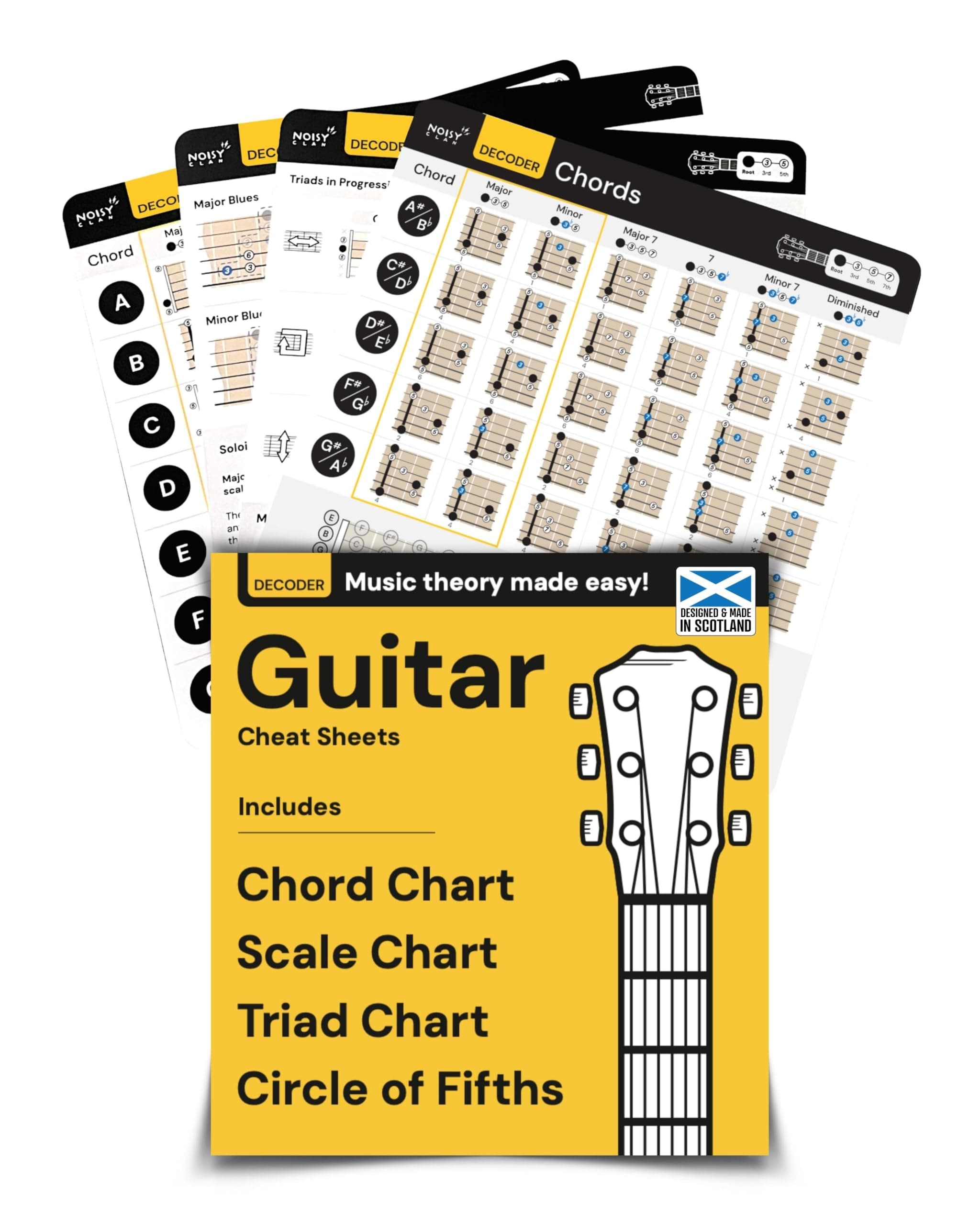 Guitar Chords Chart Pack 8x8" Learn Chords for Guitar, Guitar Chord Progressions, Guitar Scales, Guitar Triads. Learning Tool, The Guitar Theory Cheat Sheet - Easy Read