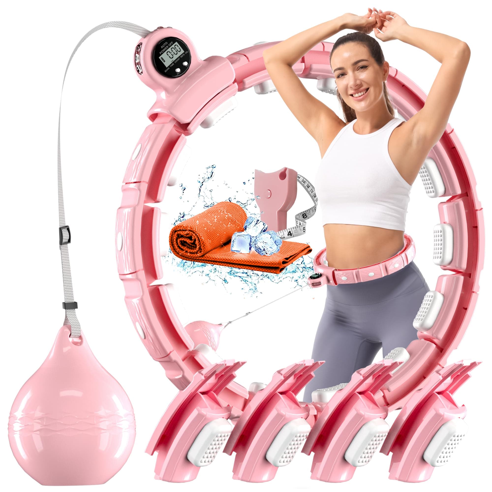 Weighted Workout Hoop for Weight Loss, Smart Silent Exercise Ring Plus Size 48 inchs, Fitness Circle with Ball and Counter, Abs Exercise Equipment for Home (Pink)
