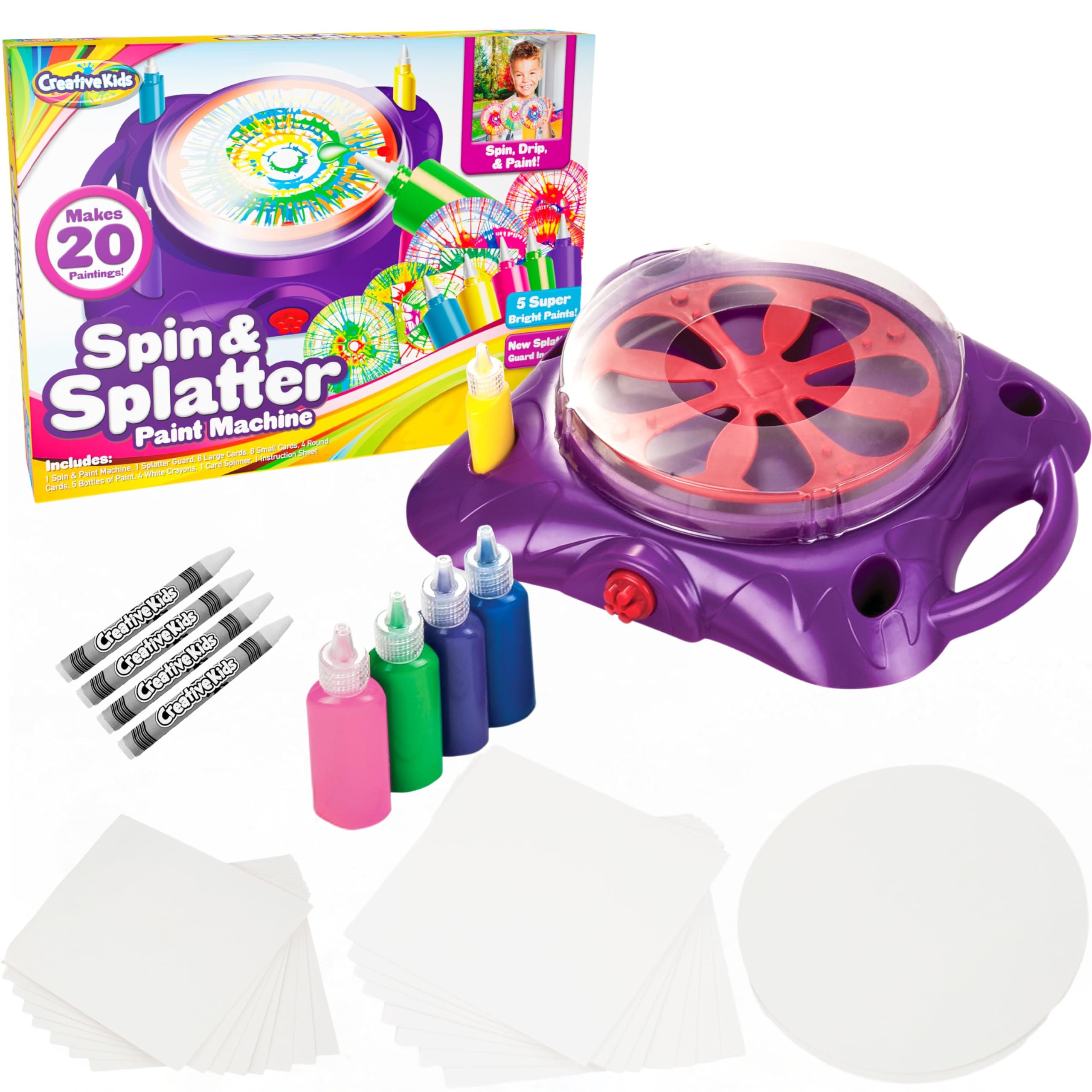 Creative Kids Spin & Paint Art Kit - Spinning Art Machine + Flexible Splatter Guard + 5 Bottles of Paint + 8 Large, 8 Small, 4 Round Cards + 4 White Crayons | Preschool Toddlers, Children & Adults, 6+