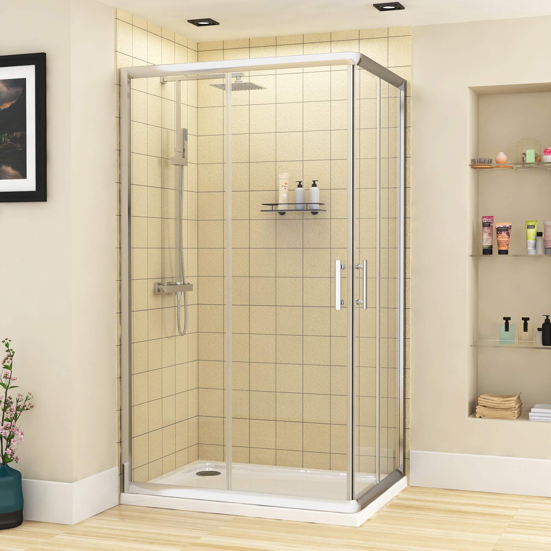 900 x 800mm Walk in 6mm Glass Corner Entry Rectangular Shower Enclosure with Pearlstone Shower Tray