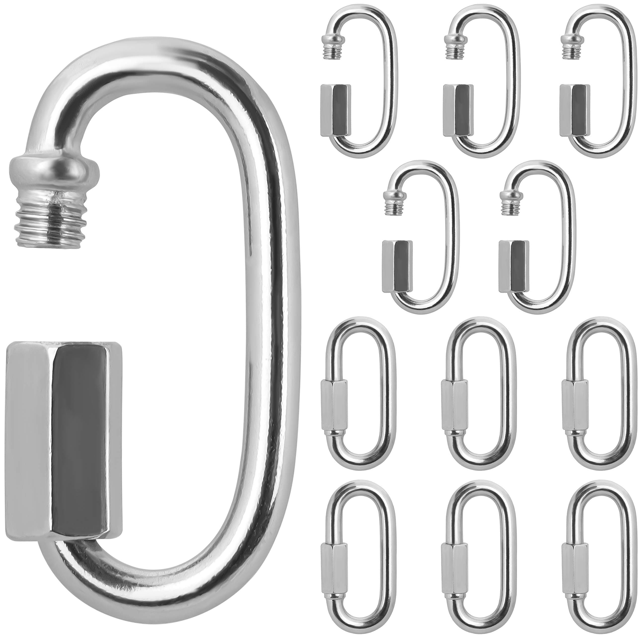 Belle Vous 12 Pack Stainless Steel Quick Link M4 Chain Connectors - Small Locking Carabiner Clips - Heavy Duty Chain Link & Large Carabiner Clip Set