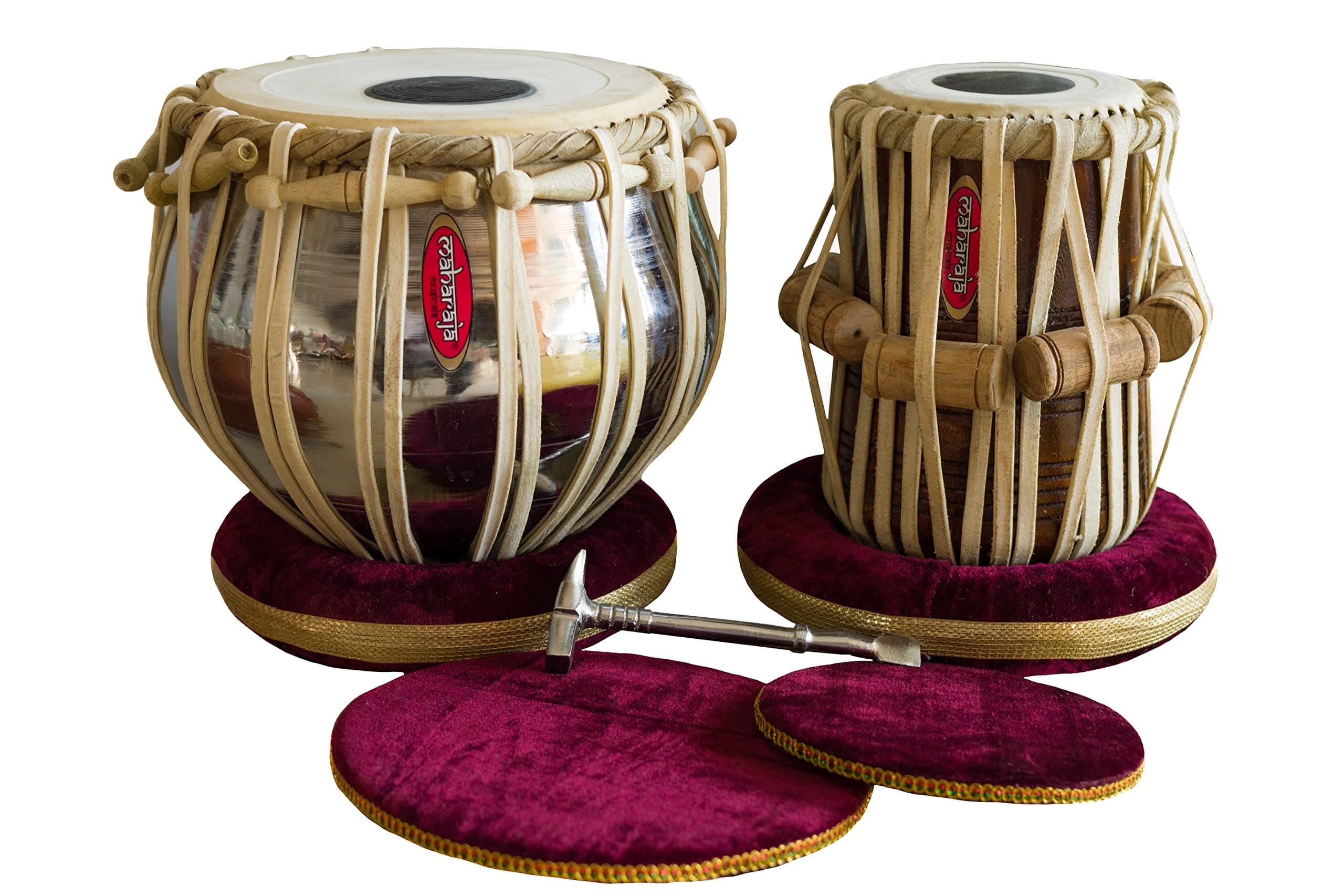 Maharaja Musicals Basic Tabla Set for Students and Beginners - Steel Bayan, Dayan, Hammer, Cushions & Cover - Indian Hand Drums on Budget (PDI-IB)