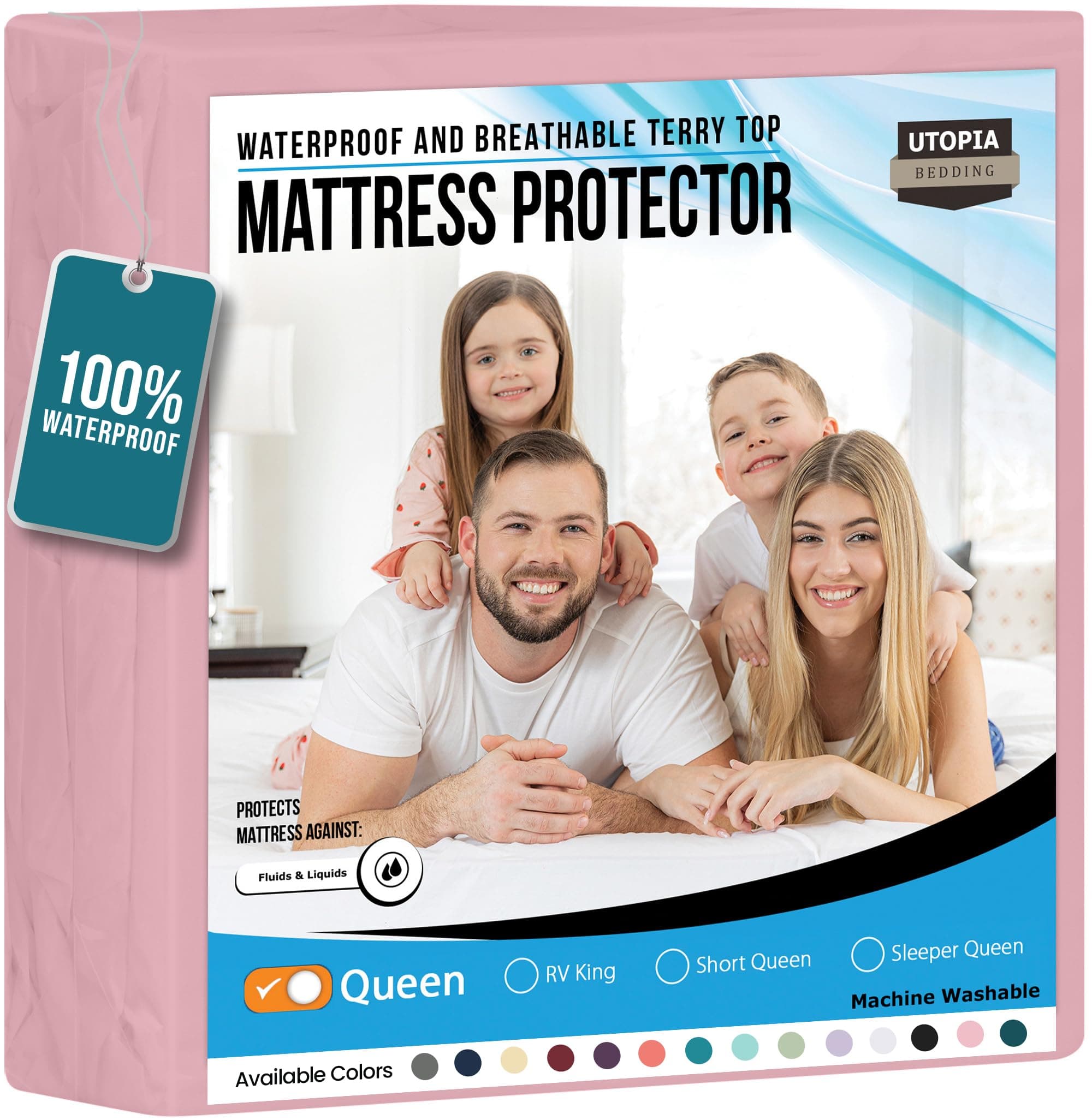 Utopia Bedding Waterproof Mattress Protector Queen Size, Premium Terry Mattress Cover 200 GSM, Breathable, Fitted Style with Stretchable Pockets (Pink)
