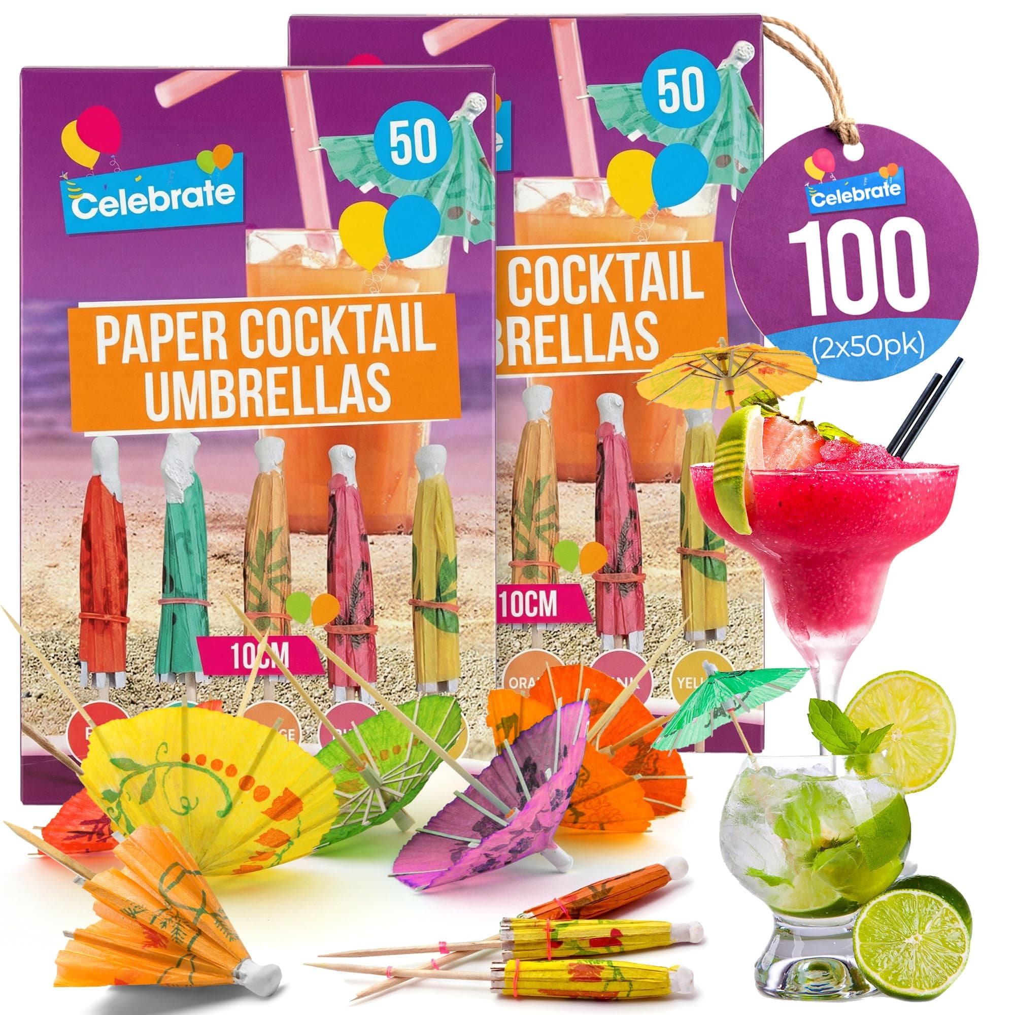 SOL 100pk Paper Cocktail Umbrellas - Assorted Colours for Drinks & Snacks - Durable Party Accessories for Hawaiian, Beach, Summer & Birthday Parties - Eye-Catching Designs for Drinks & Appetisers