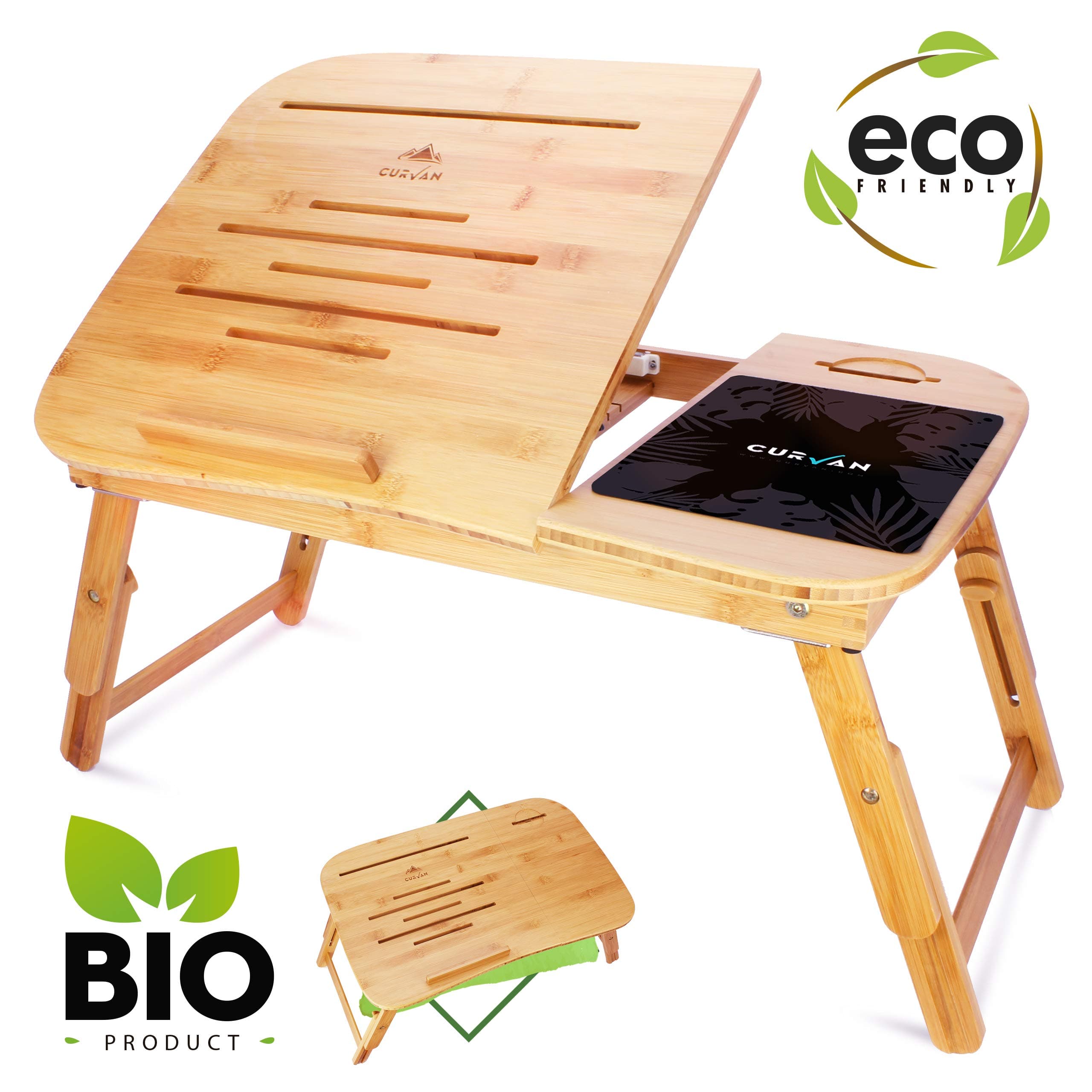 Bamboo Laptop Desk & Stand + Free Mousepad - Foldable Bed and Sofa Table Tray | 58x38x31 cm | Portable & Lightweight for 14”-15.6” in Lap | 100% Eco-friendly Wood | Carved Design